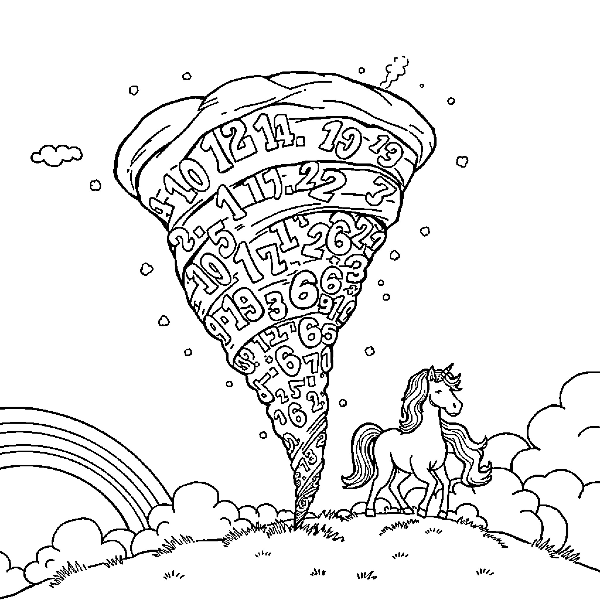 Tornado of numbers swirling over a field with a horse Coloring Page (free black-and-white line drawing printable PDF for all, from beginners to advanced learners, including children, teens, adults, and seniors)