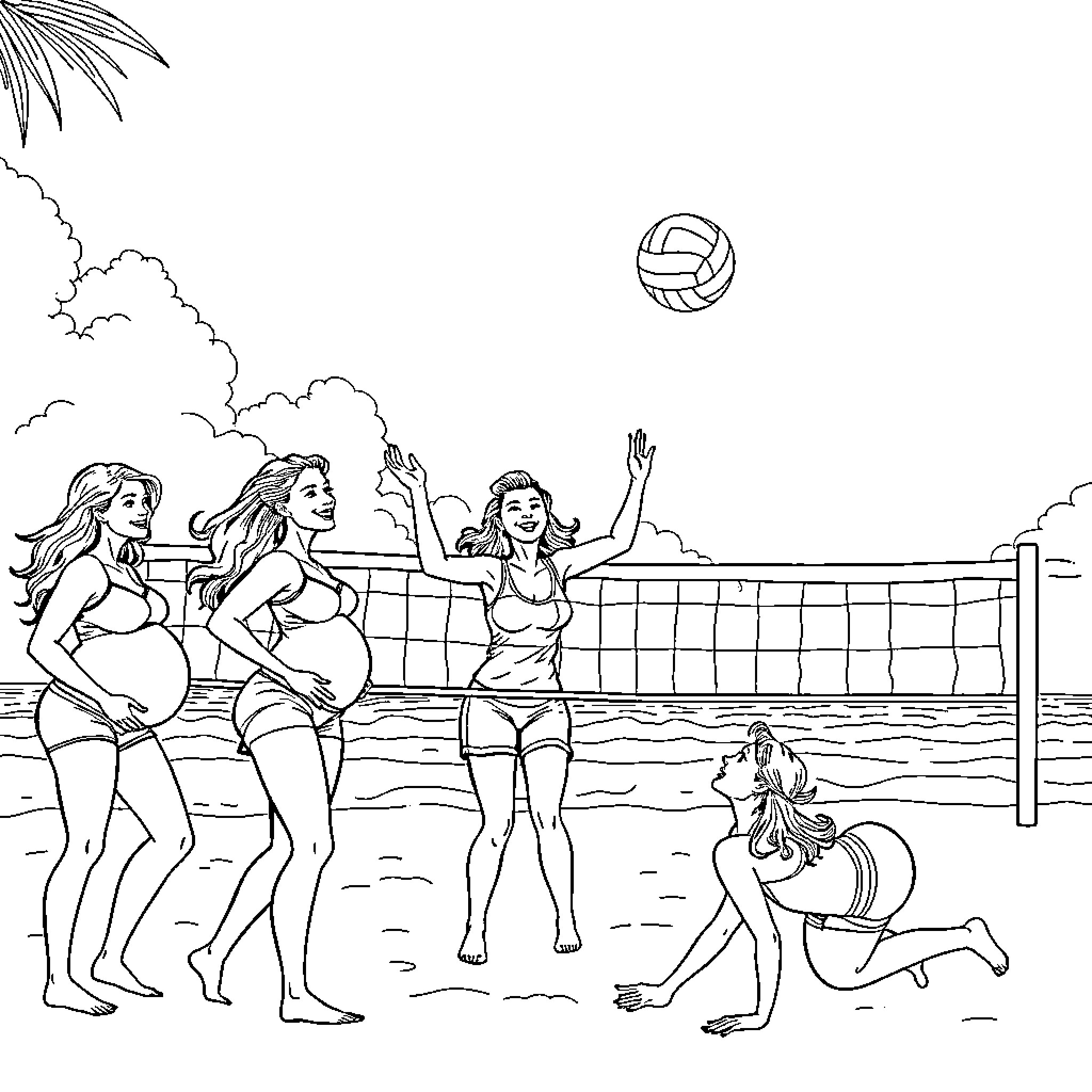 Women playing beach volleyball on the shore Coloring Page (free black-and-white line drawing printable PDF for all, from beginners to advanced learners, including children, teens, adults, and seniors)