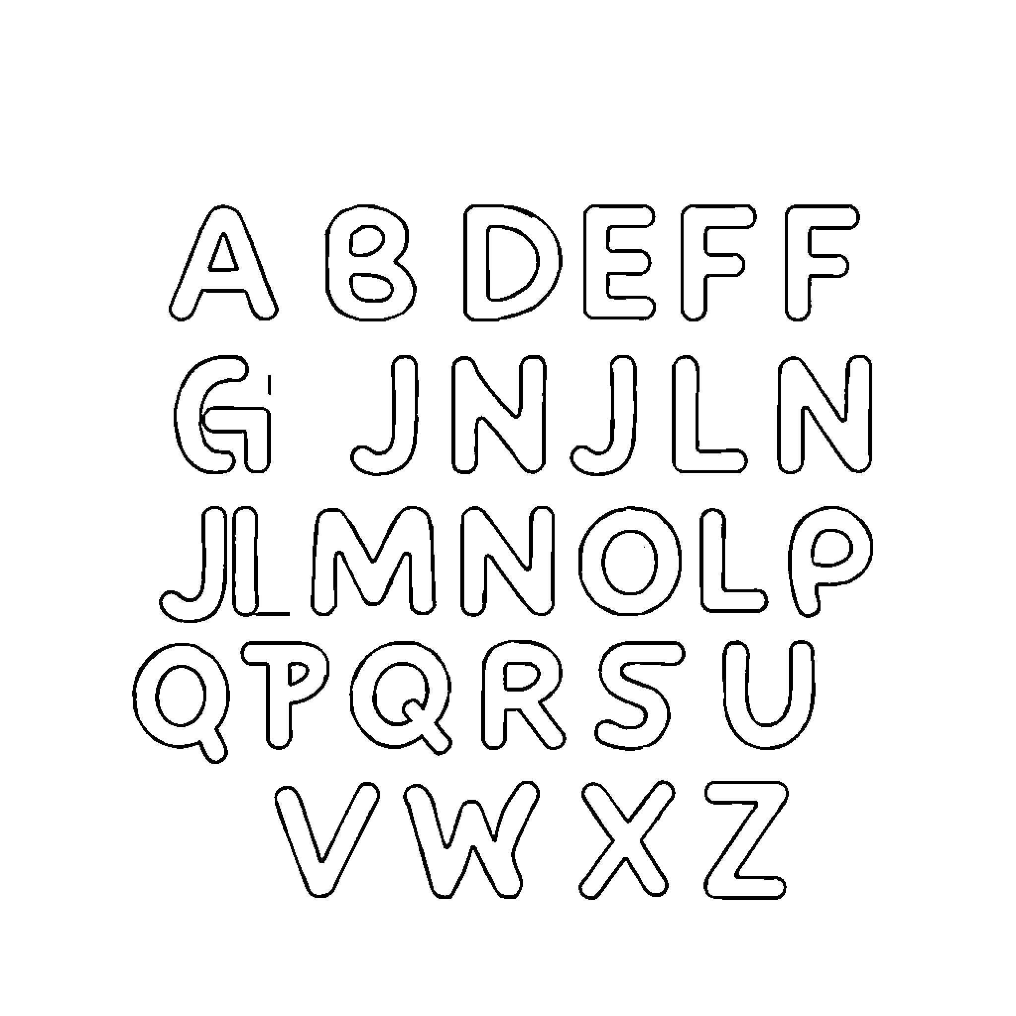 Alphabet Letters in Whimsical Outline Style Coloring Page (free black-and-white line drawing printable PDF for all, from beginners to advanced learners, including children, teens, adults, and seniors)