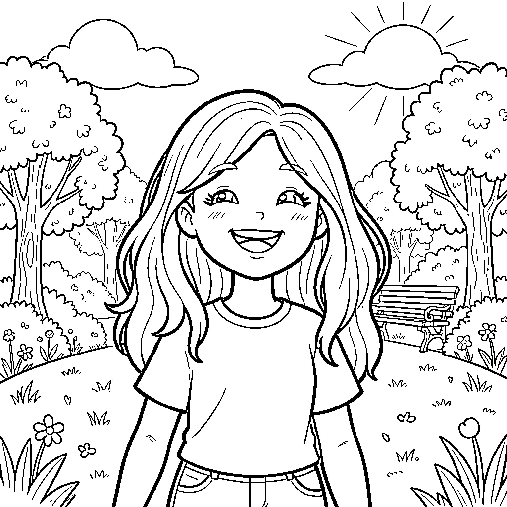 Gabby enjoys a sunny day in the park Coloring Page (free black-and-white line drawing printable PDF for all, from beginners to advanced learners, including children, teens, adults, and seniors)