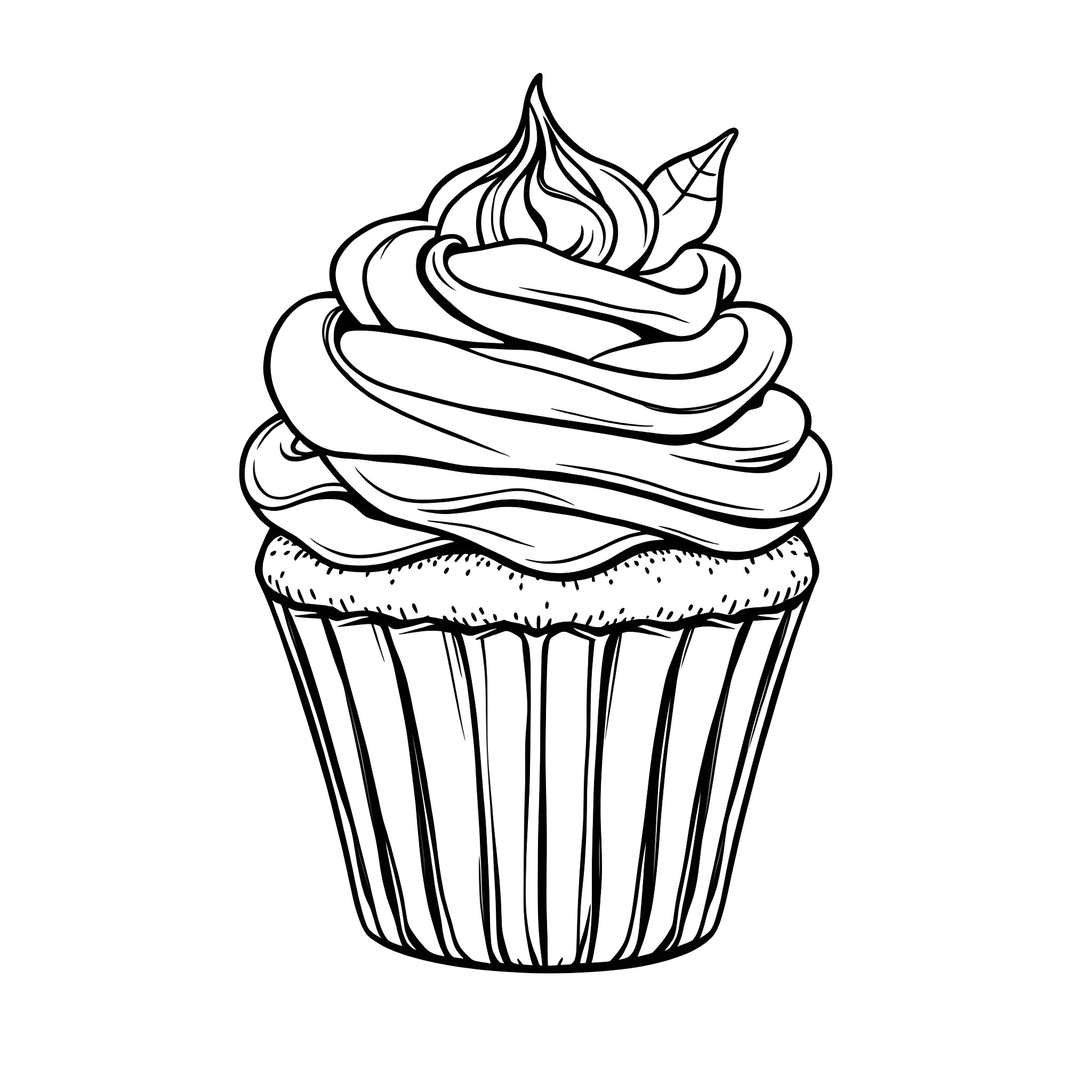 Cupcake with swirly frosting and cherry on top Coloring Page (free black-and-white line drawing printable PDF for all, from beginners to advanced learners, including children, teens, adults, and seniors)