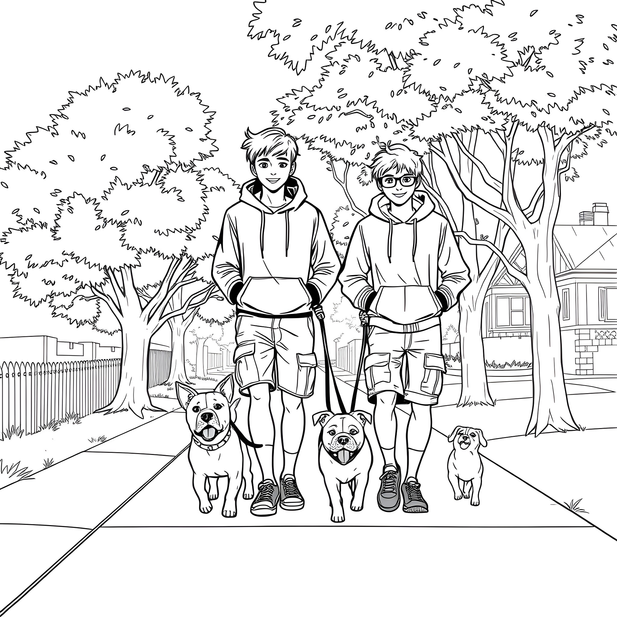 Boy and girl walking their dogs on a path Coloring Page (free black-and-white line drawing printable PDF for all, from beginners to advanced learners, including children, teens, adults, and seniors)