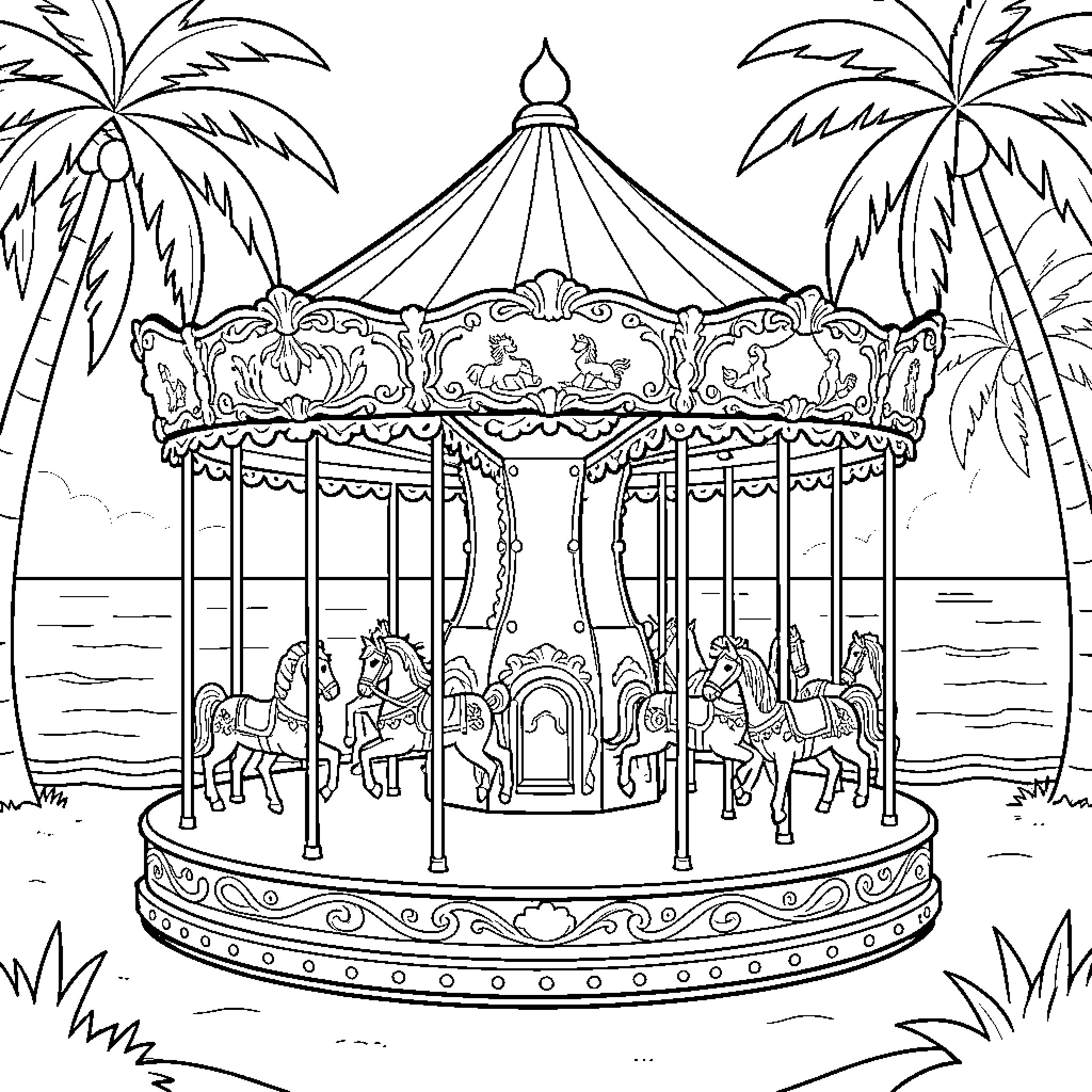 Carrusel with horses spinning near tropical palm trees Coloring Page (free black-and-white line drawing printable PDF for all, from beginners to advanced learners, including children, teens, adults, and seniors)