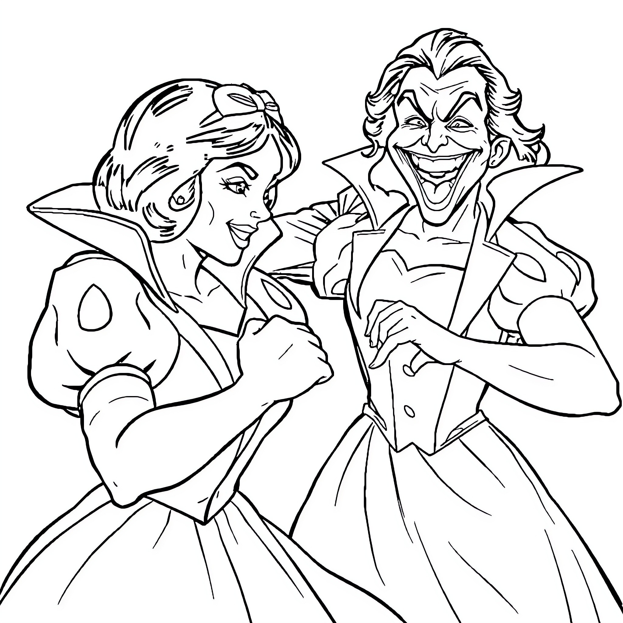 Snow White meets the Joker in a fairytale twist Coloring Page (free black-and-white line drawing printable PDF for all, from beginners to advanced learners, including children, teens, adults, and seniors)