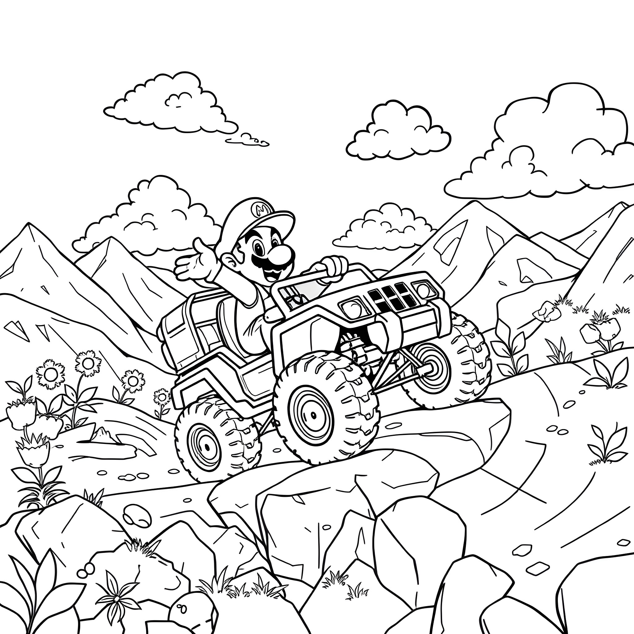 Mario driving an off-road vehicle in the mountains Coloring Page (free black-and-white line drawing printable PDF for all, from beginners to advanced learners, including children, teens, adults, and seniors)
