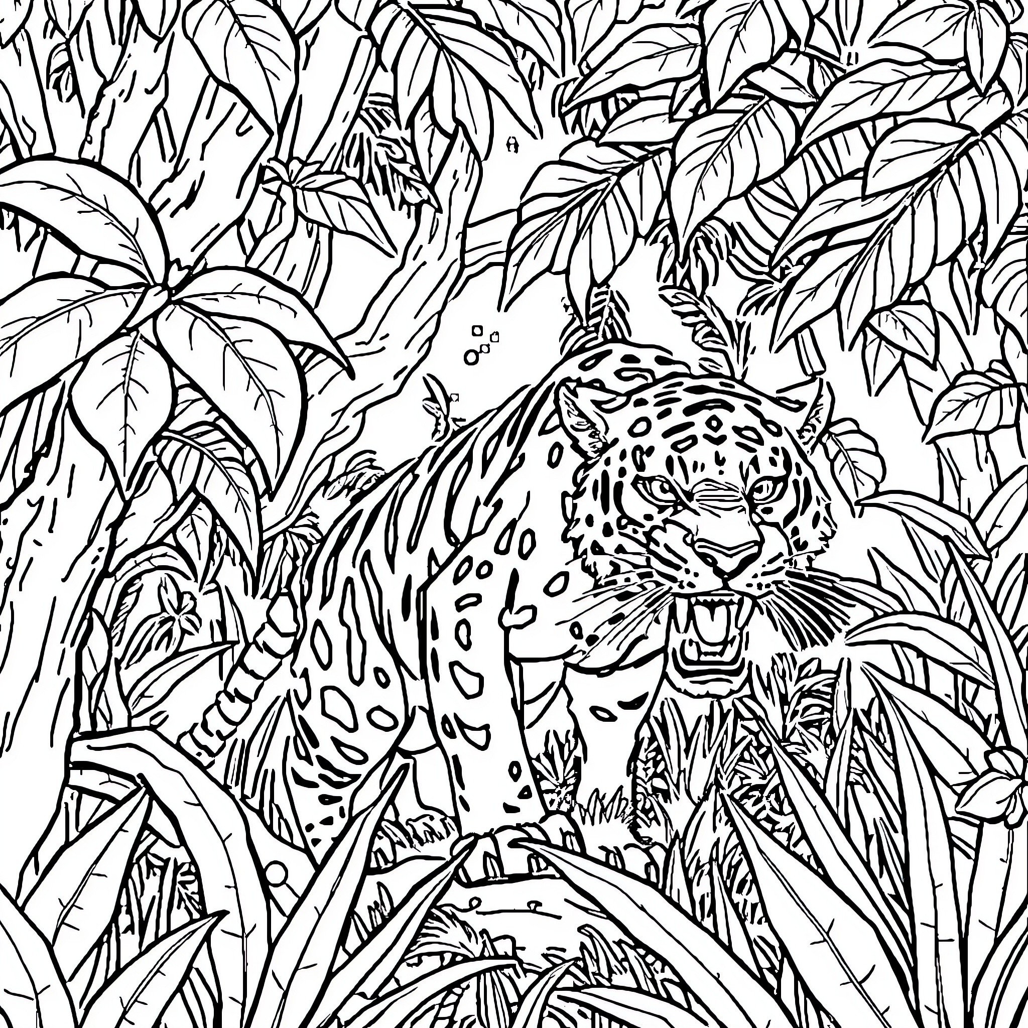 Predator Leopard Stalking in Lush Jungle Coloring Page (free black-and-white line drawing printable PDF for all, from beginners to advanced learners, including children, teens, adults, and seniors)