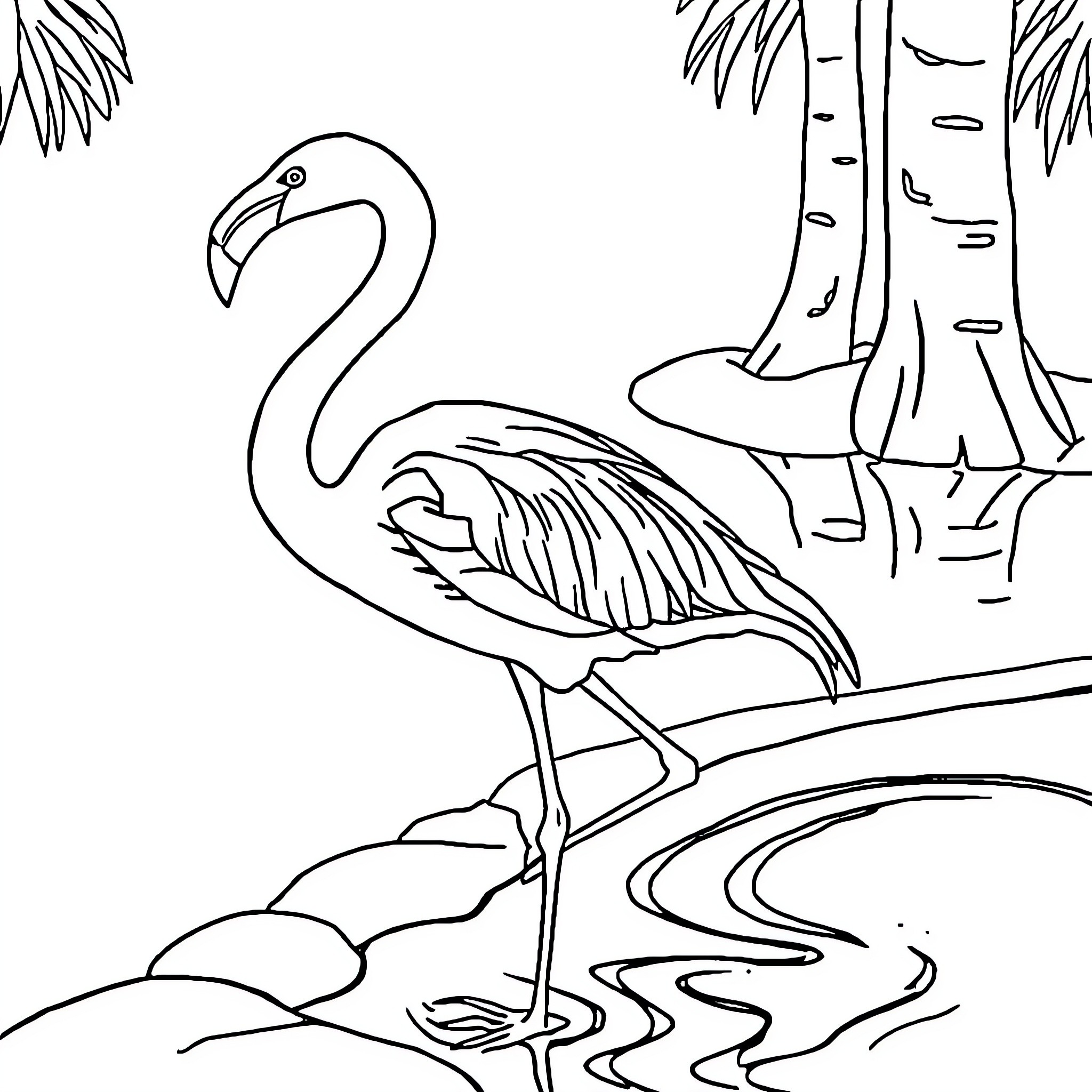 Flamingo standing in a serene natural setting Coloring Page (free black-and-white line drawing printable PDF for all, from beginners to advanced learners, including children, teens, adults, and seniors)