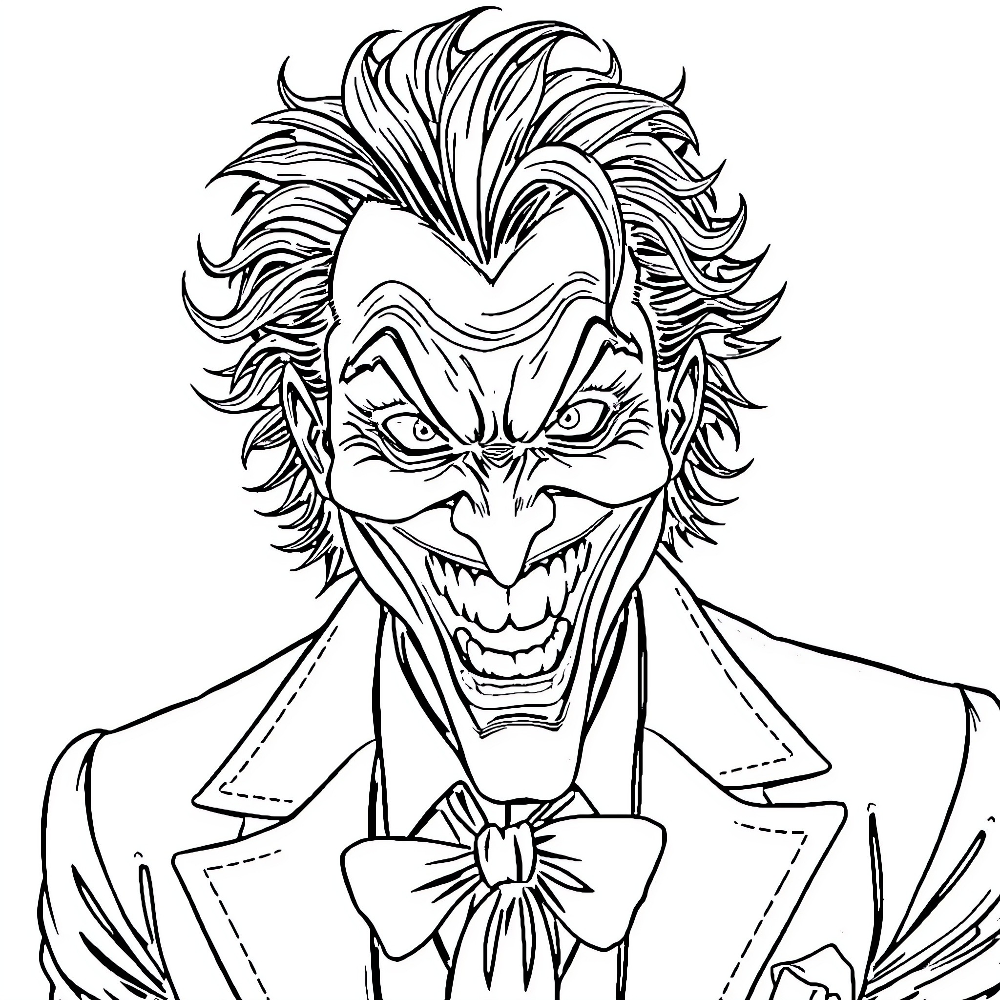 Joker's Mischievous Grin and Menacing Attire Coloring Page (free black-and-white line drawing printable PDF for all, from beginners to advanced learners, including children, teens, adults, and seniors)