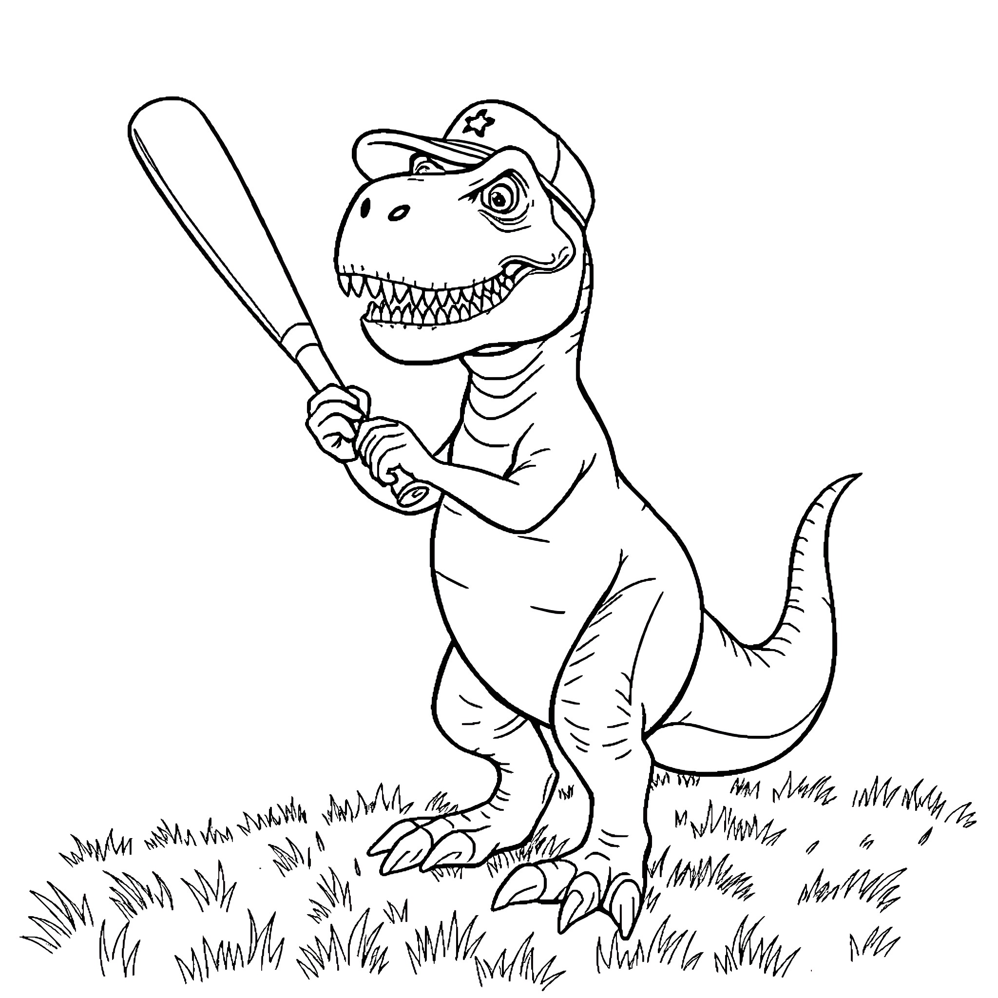 T-Rex Playing Baseball in Grassy Field Coloring Page (free black-and-white line drawing printable PDF for all, from beginners to advanced learners, including children, teens, adults, and seniors)