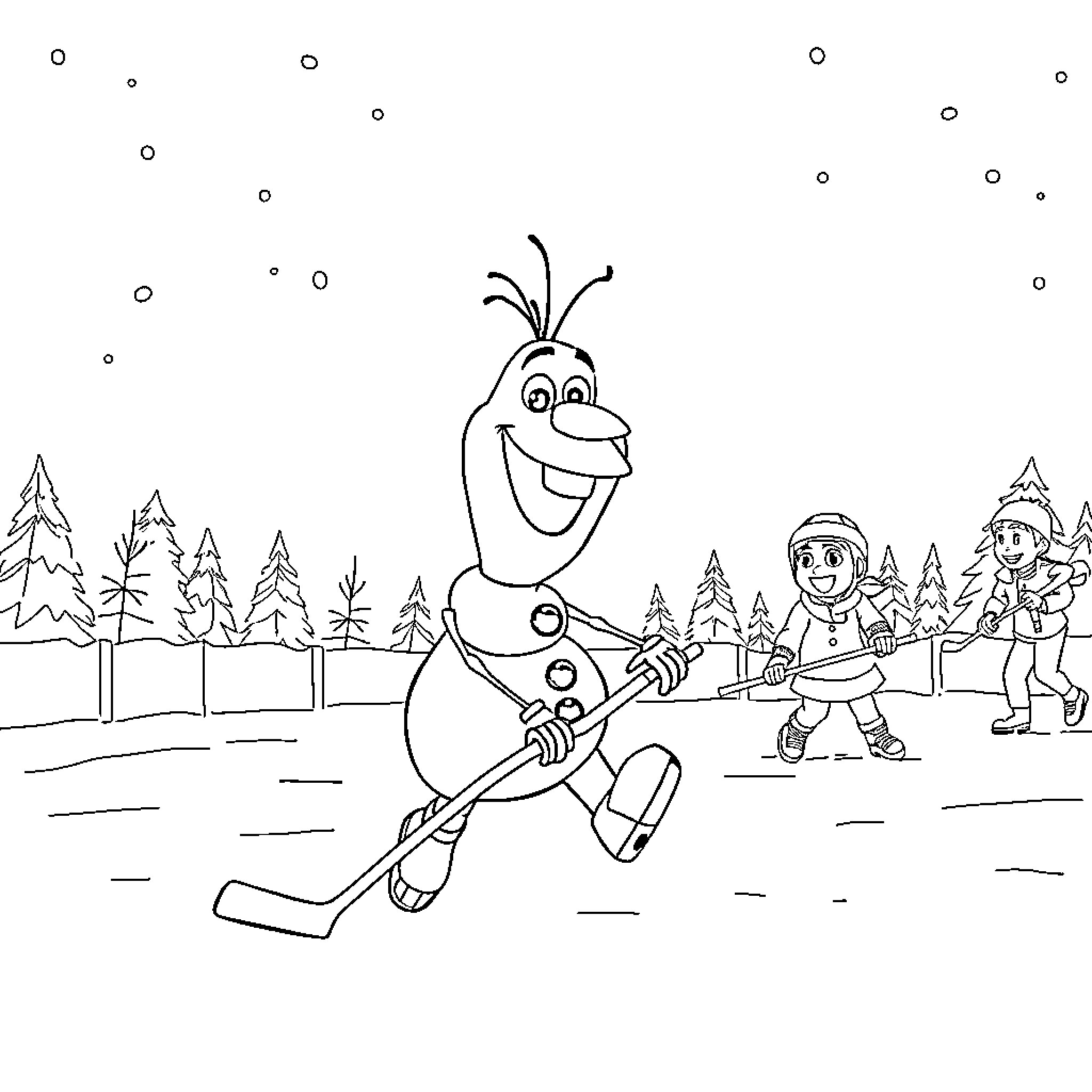Olaf enjoying winter activities with friends Coloring Page (free black-and-white line drawing printable PDF for all, from beginners to advanced learners, including children, teens, adults, and seniors)