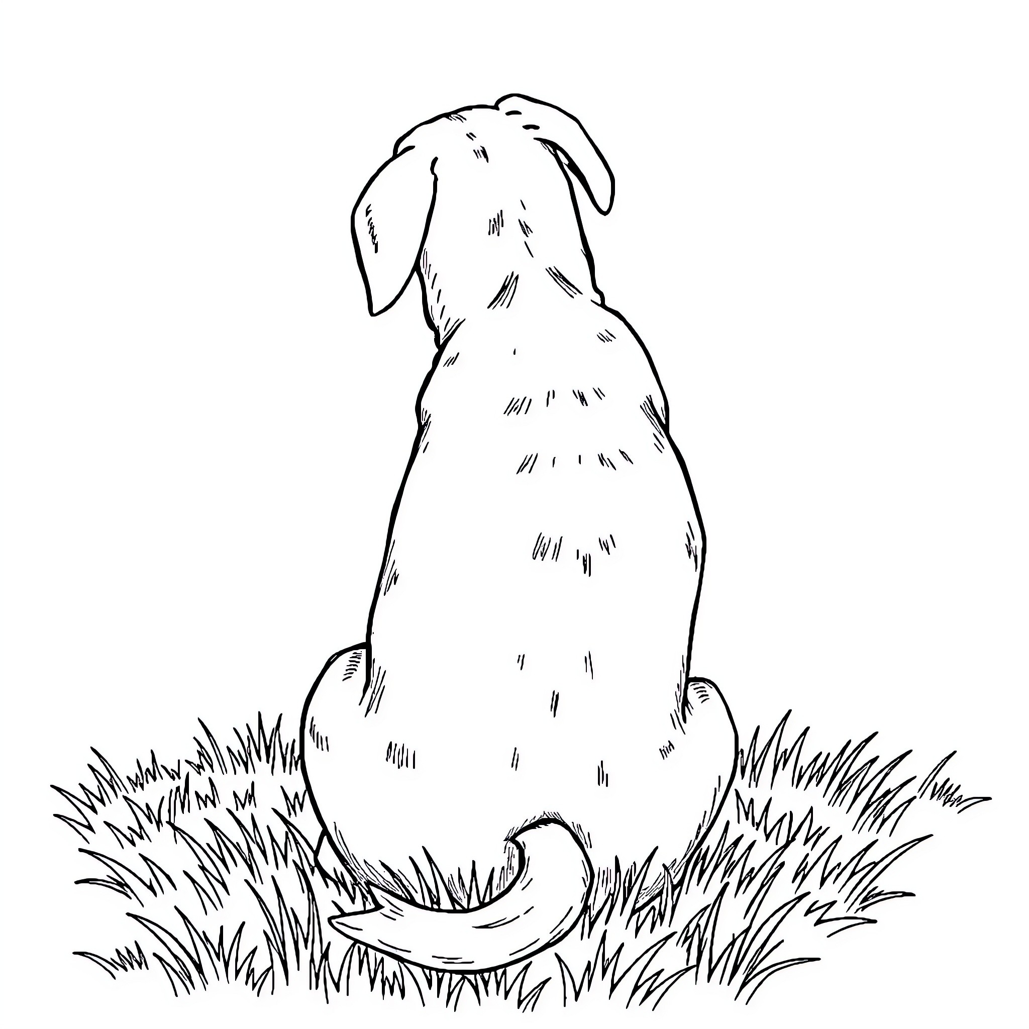 Dog sitting in grassy field Coloring Page (free black-and-white line drawing printable PDF for all, from beginners to advanced learners, including children, teens, adults, and seniors)