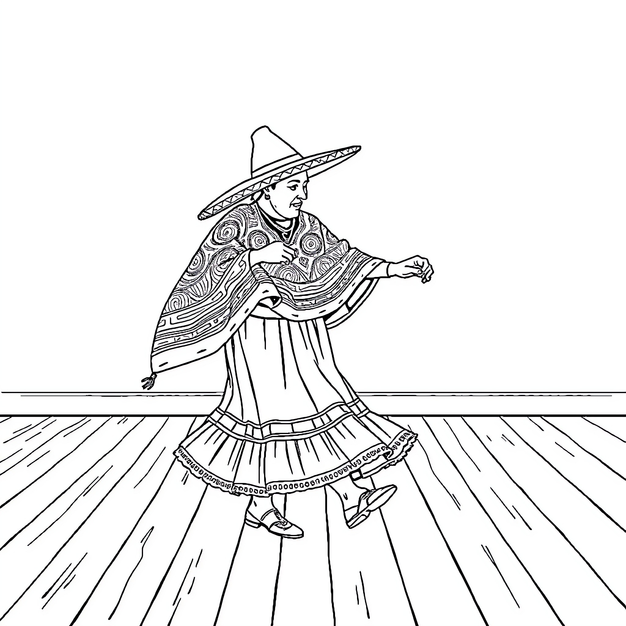 Huaso in festive traditional outfit dancing Coloring Page (free black-and-white line drawing printable PDF for all, from beginners to advanced learners, including children, teens, adults, and seniors)
