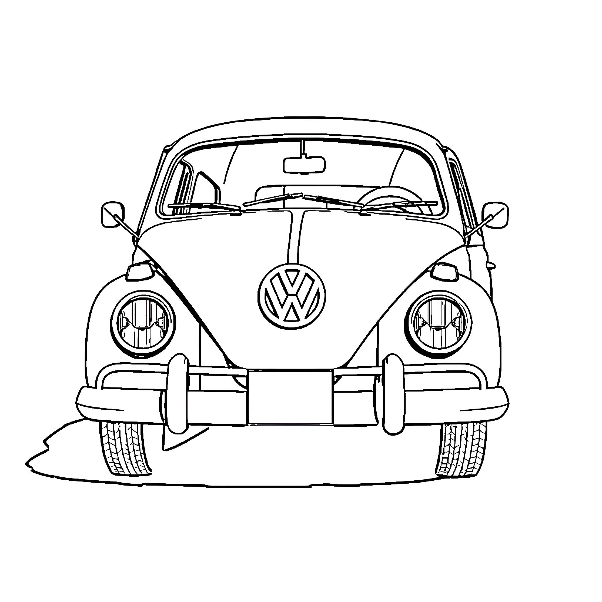 Beetle vintage car driving down the road Coloring Page (free black-and-white line drawing printable PDF for all, from beginners to advanced learners, including children, teens, adults, and seniors)