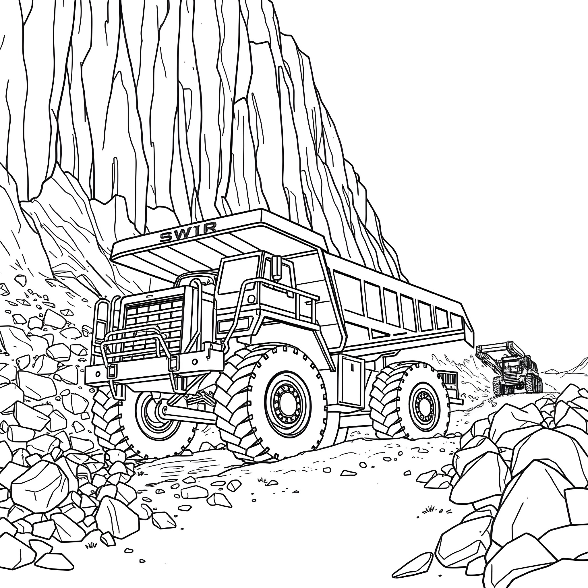 Mining Truck Transporting Materials in Rugged Terrain Coloring Page (free black-and-white line drawing printable PDF for all, from beginners to advanced learners, including children, teens, adults, and seniors)
