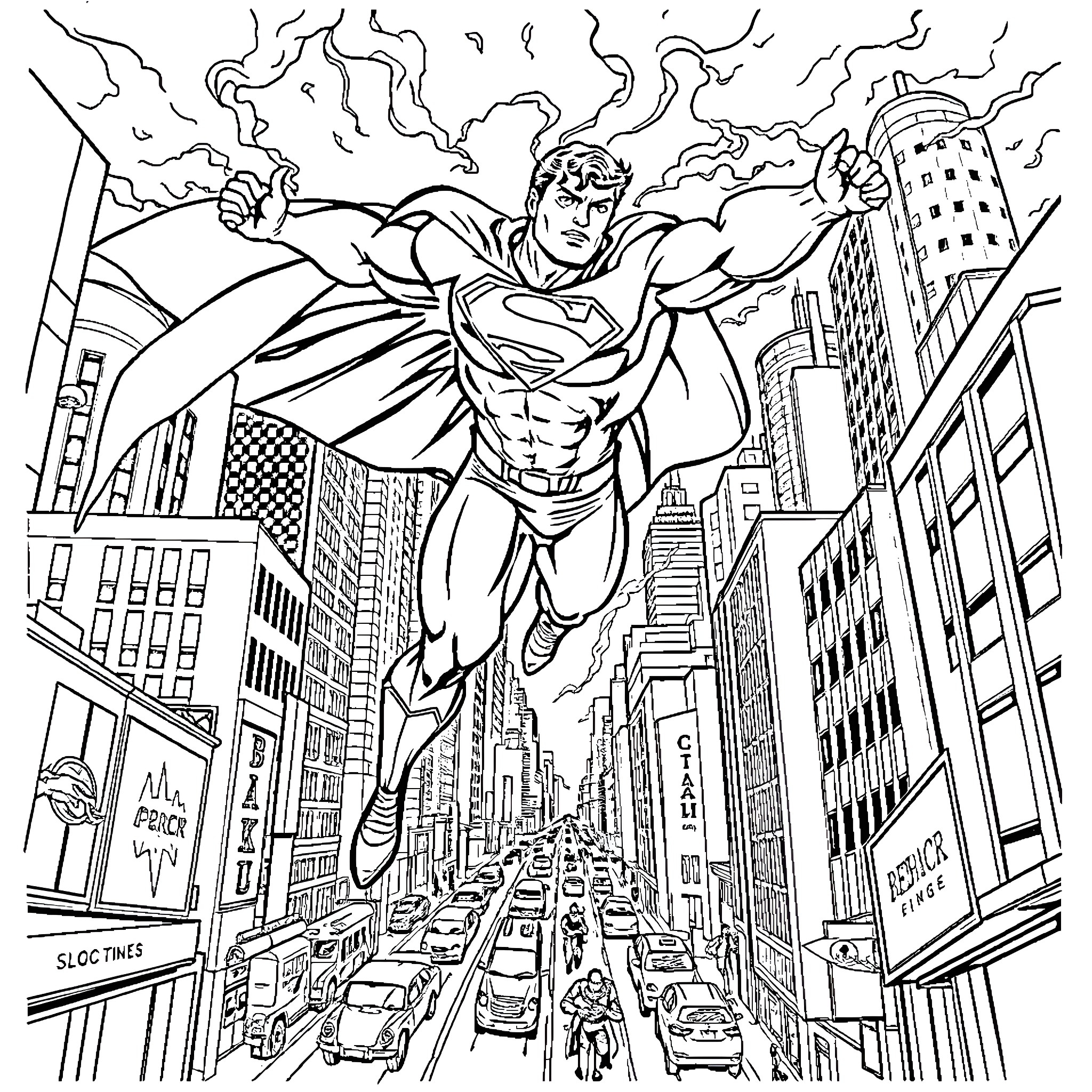 Superman flying over the city skyline Coloring Page (free black-and-white line drawing printable PDF for all, from beginners to advanced learners, including children, teens, adults, and seniors)