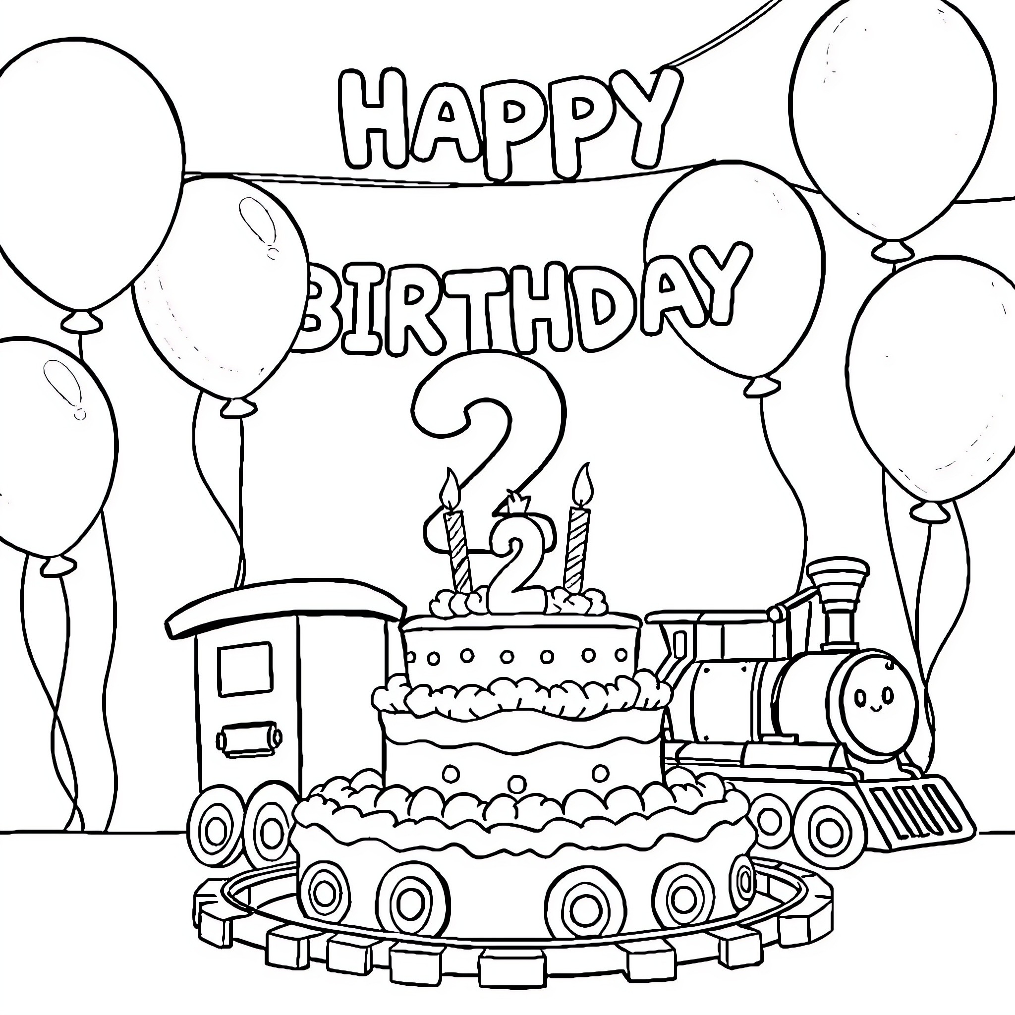 Train carries birthday cake with candles and balloons Coloring Page (free black-and-white line drawing printable PDF for all, from beginners to advanced learners, including children, teens, adults, and seniors)