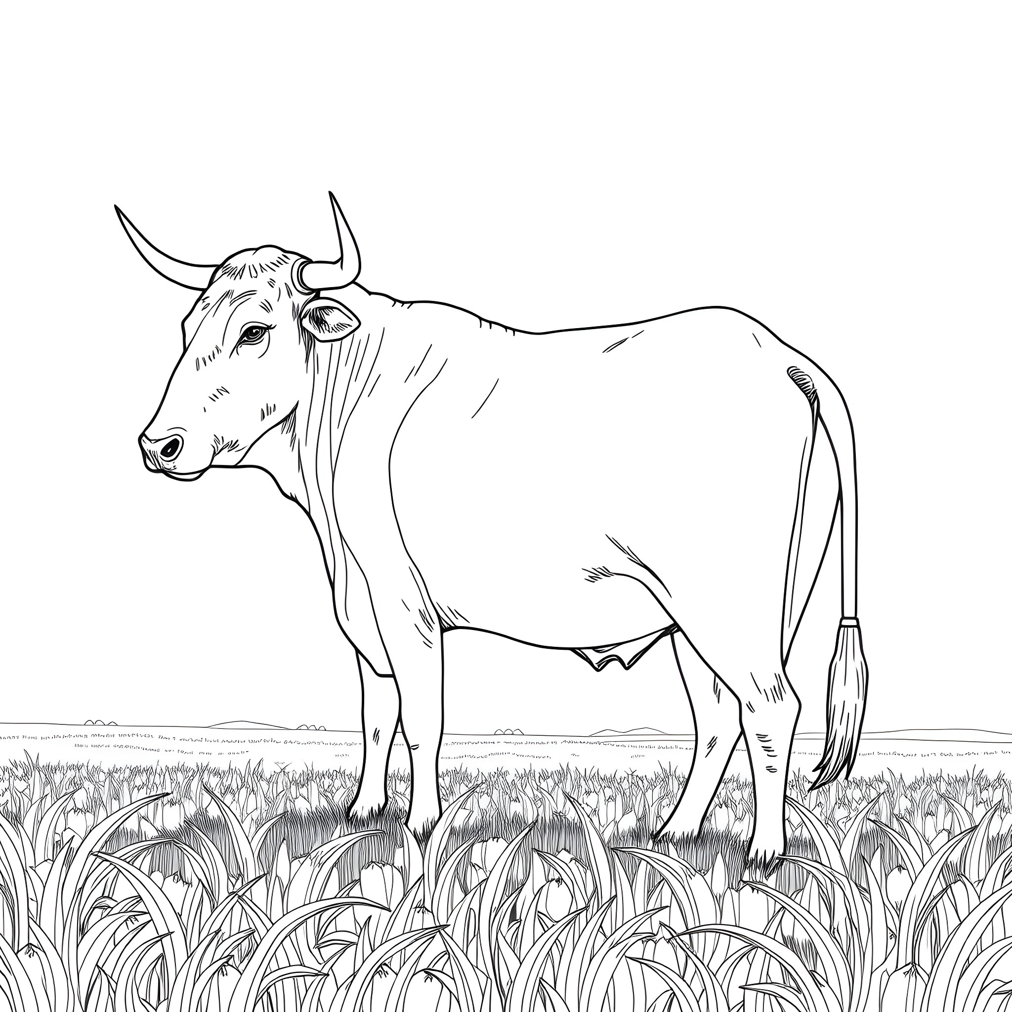Ox standing in a grassy field Coloring Page (free black-and-white line drawing printable PDF for all, from beginners to advanced learners, including children, teens, adults, and seniors)