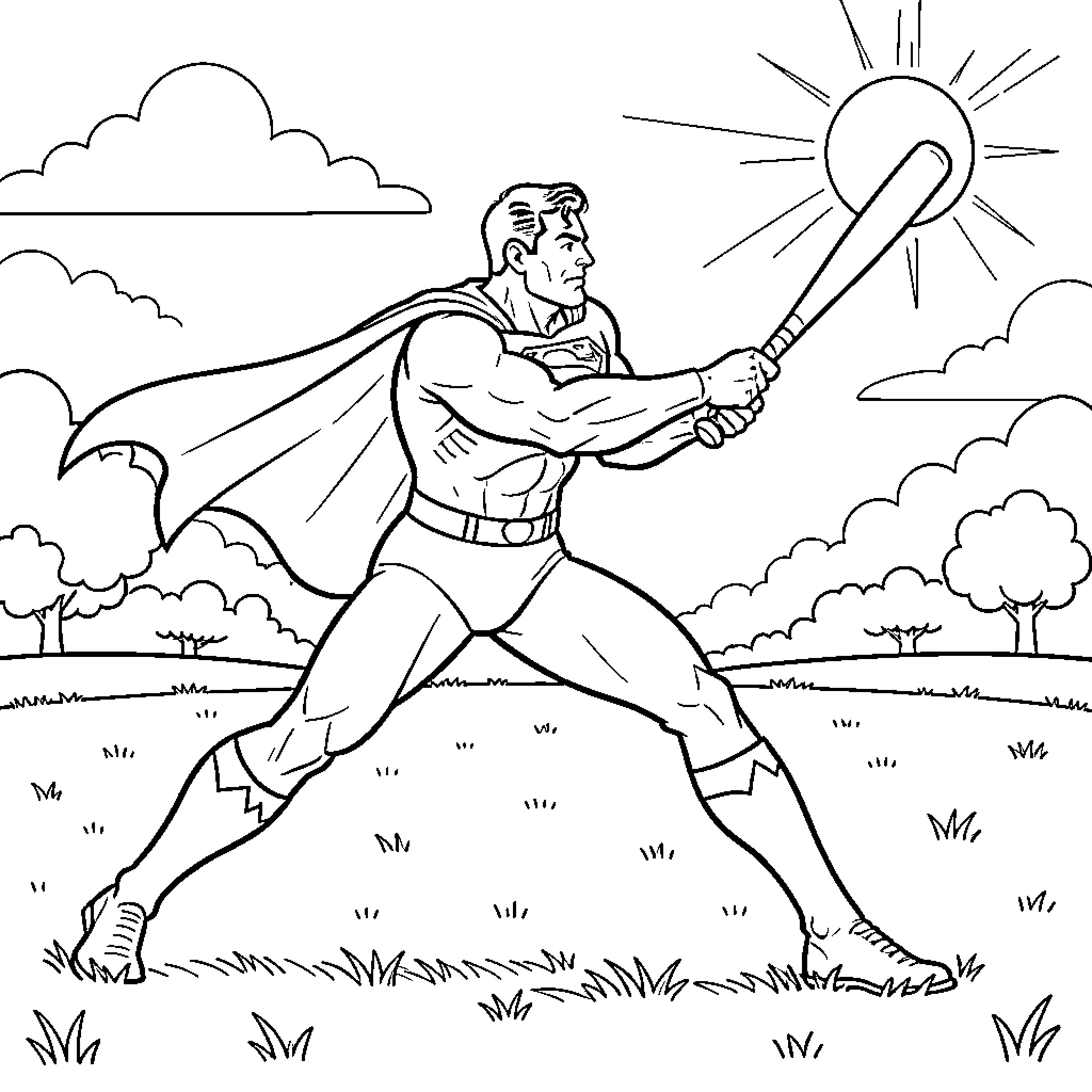 Superman swinging a bat towards the bright sun Coloring Page (free black-and-white line drawing printable PDF for all, from beginners to advanced learners, including children, teens, adults, and seniors)