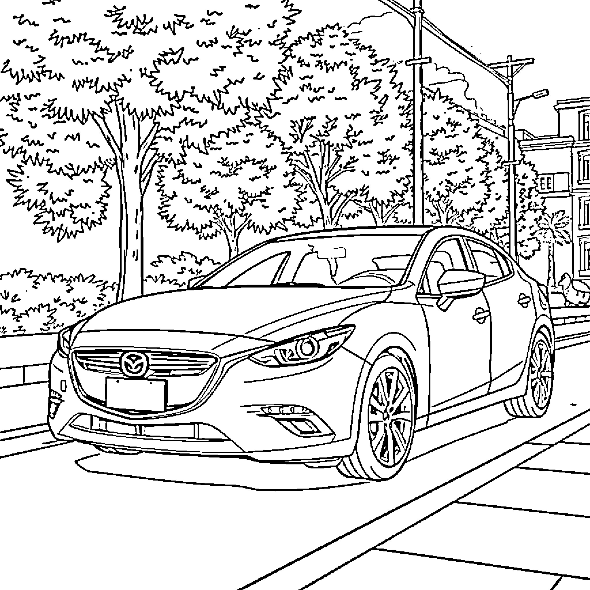 Mazda 3 on a city street with trees Coloring Page (free black-and-white line drawing printable PDF for all, from beginners to advanced learners, including children, teens, adults, and seniors)