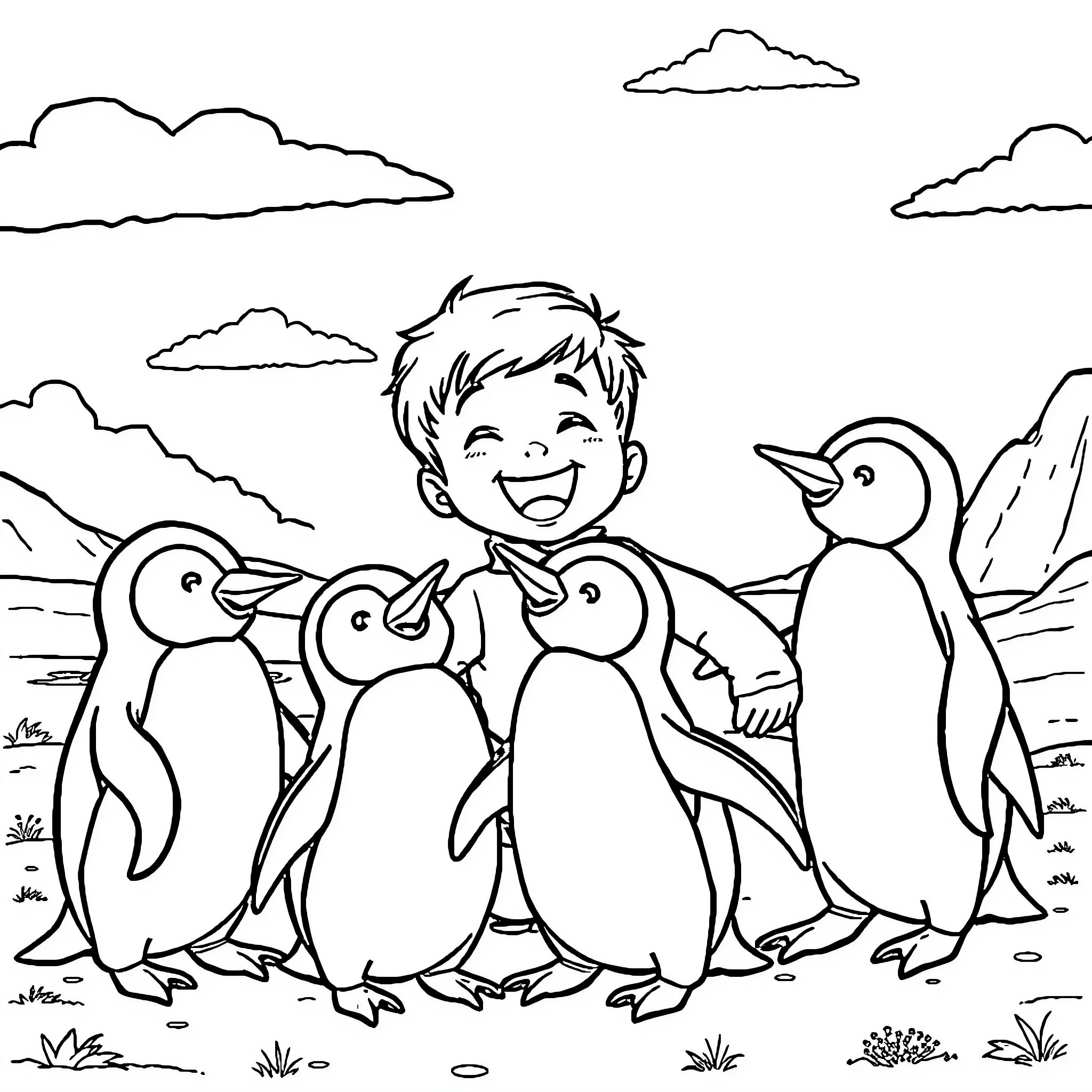 Penguin and boy playing together in snowy landscape Coloring Page (free black-and-white line drawing printable PDF for all, from beginners to advanced learners, including children, teens, adults, and seniors)