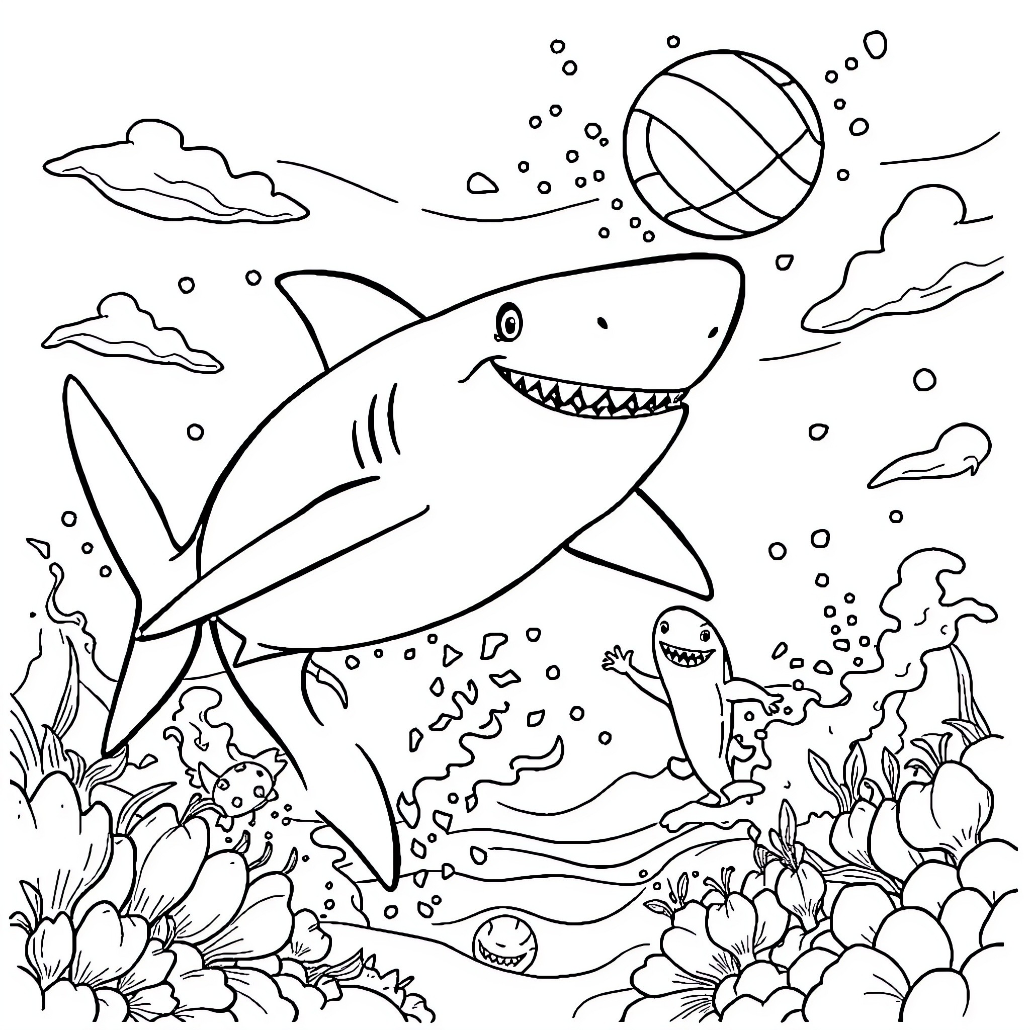 Shark swimming playfully in the underwater world Coloring Page (free black-and-white line drawing printable PDF for all, from beginners to advanced learners, including children, teens, adults, and seniors)