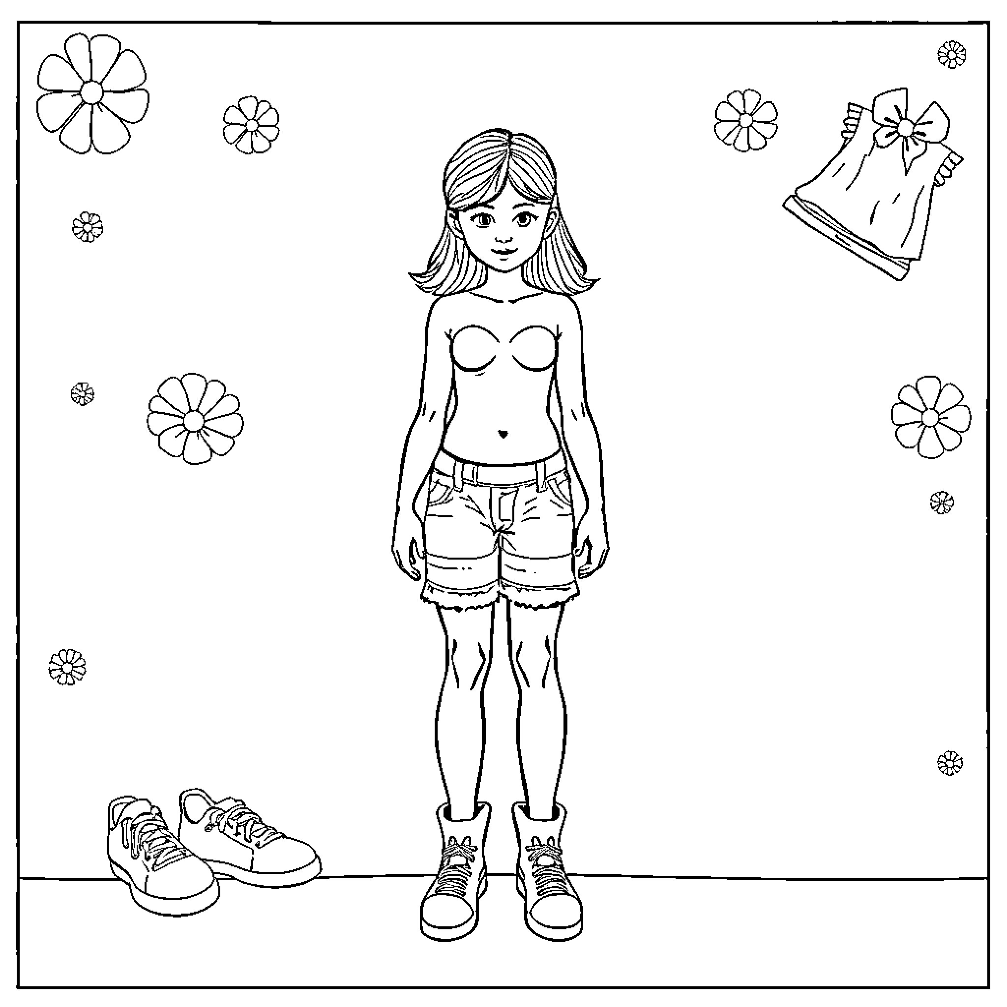 Human Body in Casual Outfit with Floral Accents Coloring Page (free black-and-white line drawing printable PDF for all, from beginners to advanced learners, including children, teens, adults, and seniors)