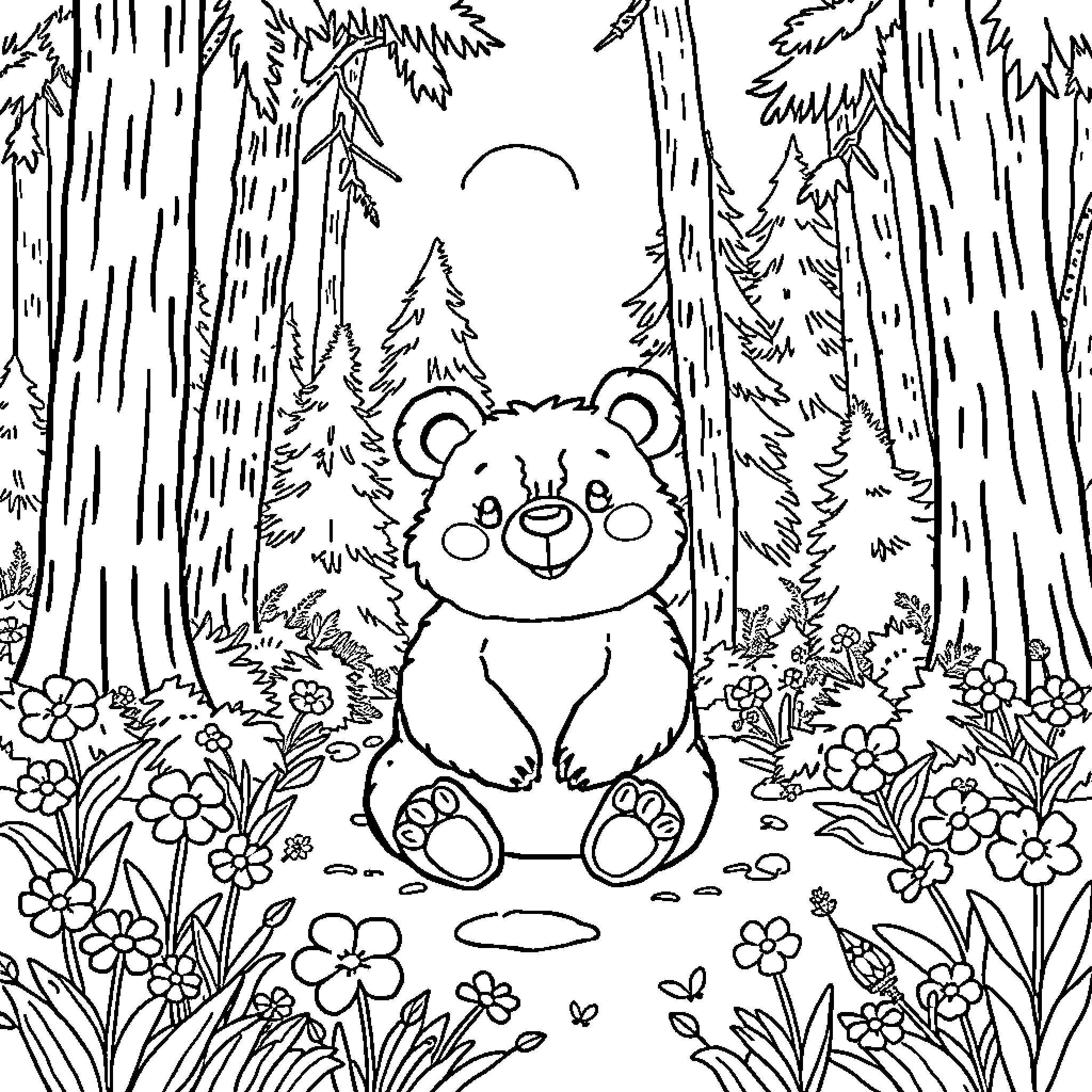 Brown Bear enjoying the forest landscape Coloring Page (free black-and-white line drawing printable PDF for all, from beginners to advanced learners, including children, teens, adults, and seniors)