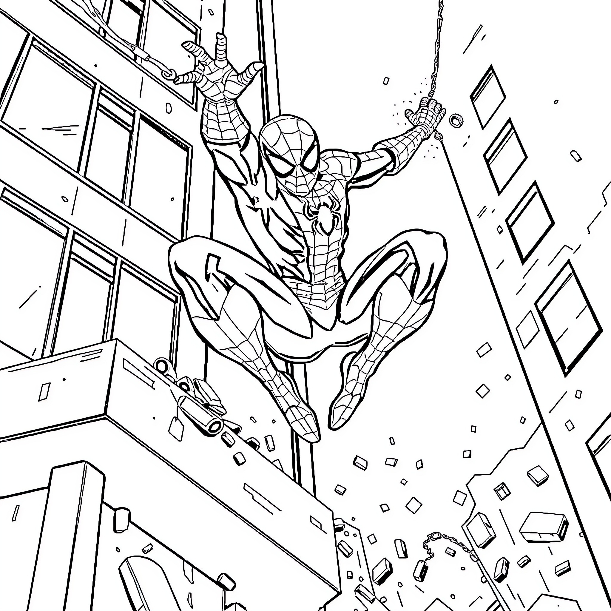 Spiderman swinging heroically through the city Coloring Page (free black-and-white line drawing printable PDF for all, from beginners to advanced learners, including children, teens, adults, and seniors)
