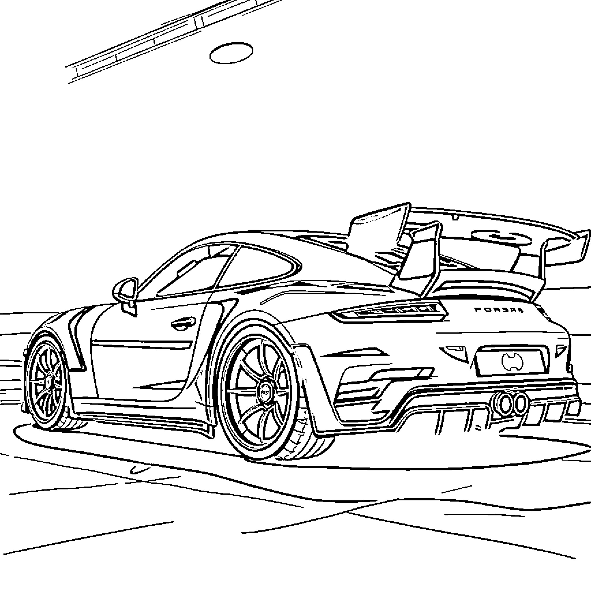 Gt3Rs race car on the track Coloring Page (free black-and-white line drawing printable PDF for all, from beginners to advanced learners, including children, teens, adults, and seniors)