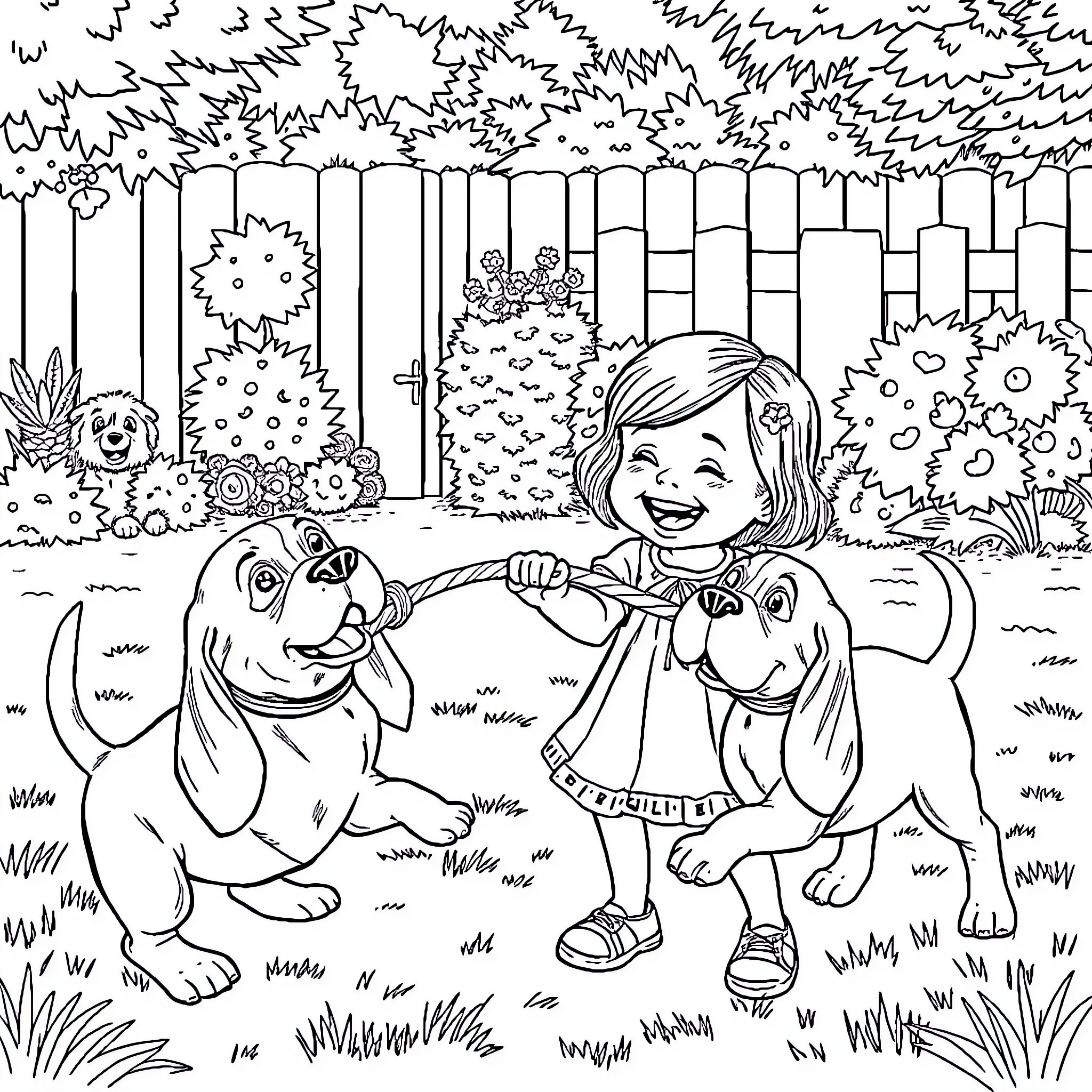 Girl playing with dogs in the backyard Coloring Page (free black-and-white line drawing printable PDF for all, from beginners to advanced learners, including children, teens, adults, and seniors)