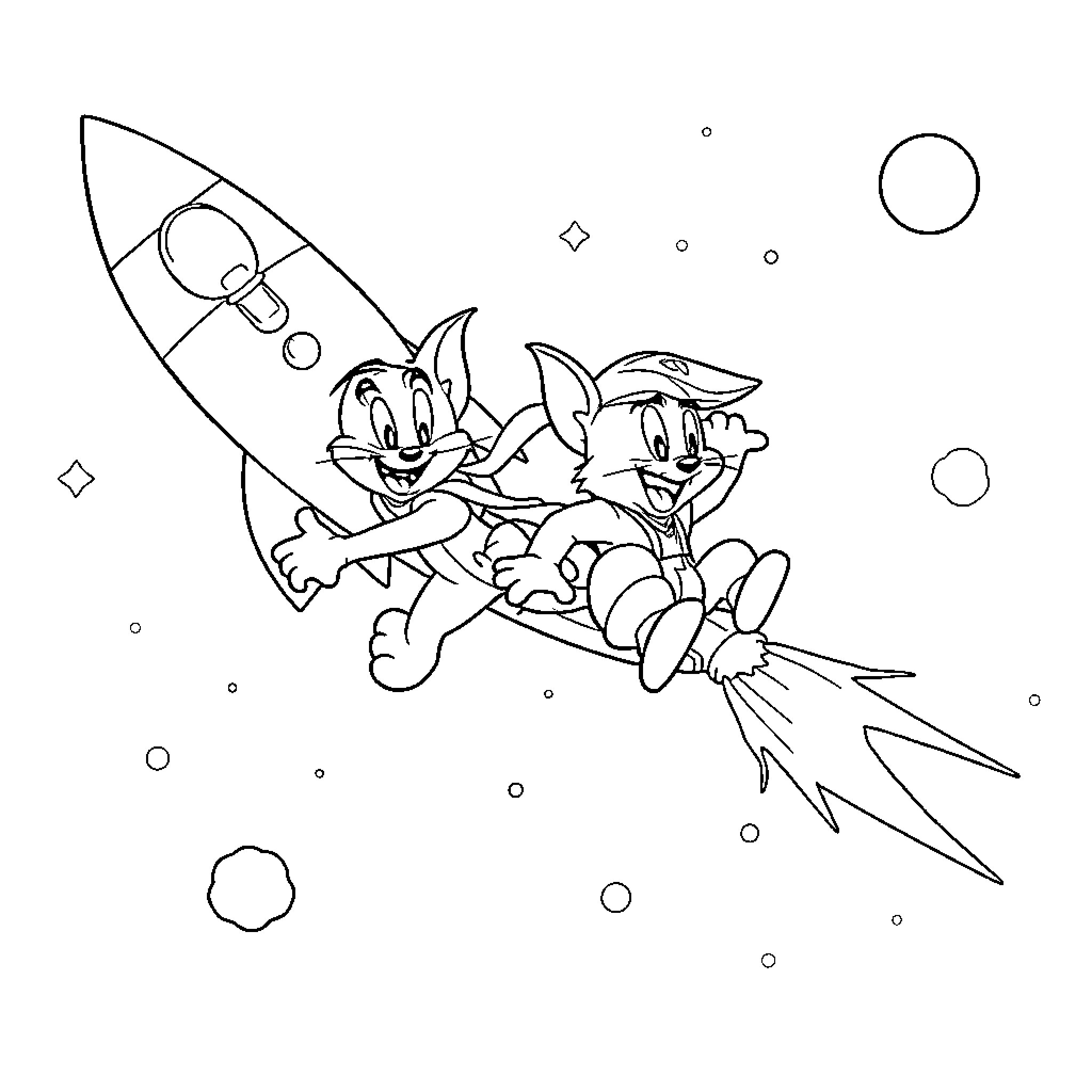 Tom and Jerry's Cosmic Adventure Coloring Page (free black-and-white line drawing printable PDF for all, from beginners to advanced learners, including children, teens, adults, and seniors)