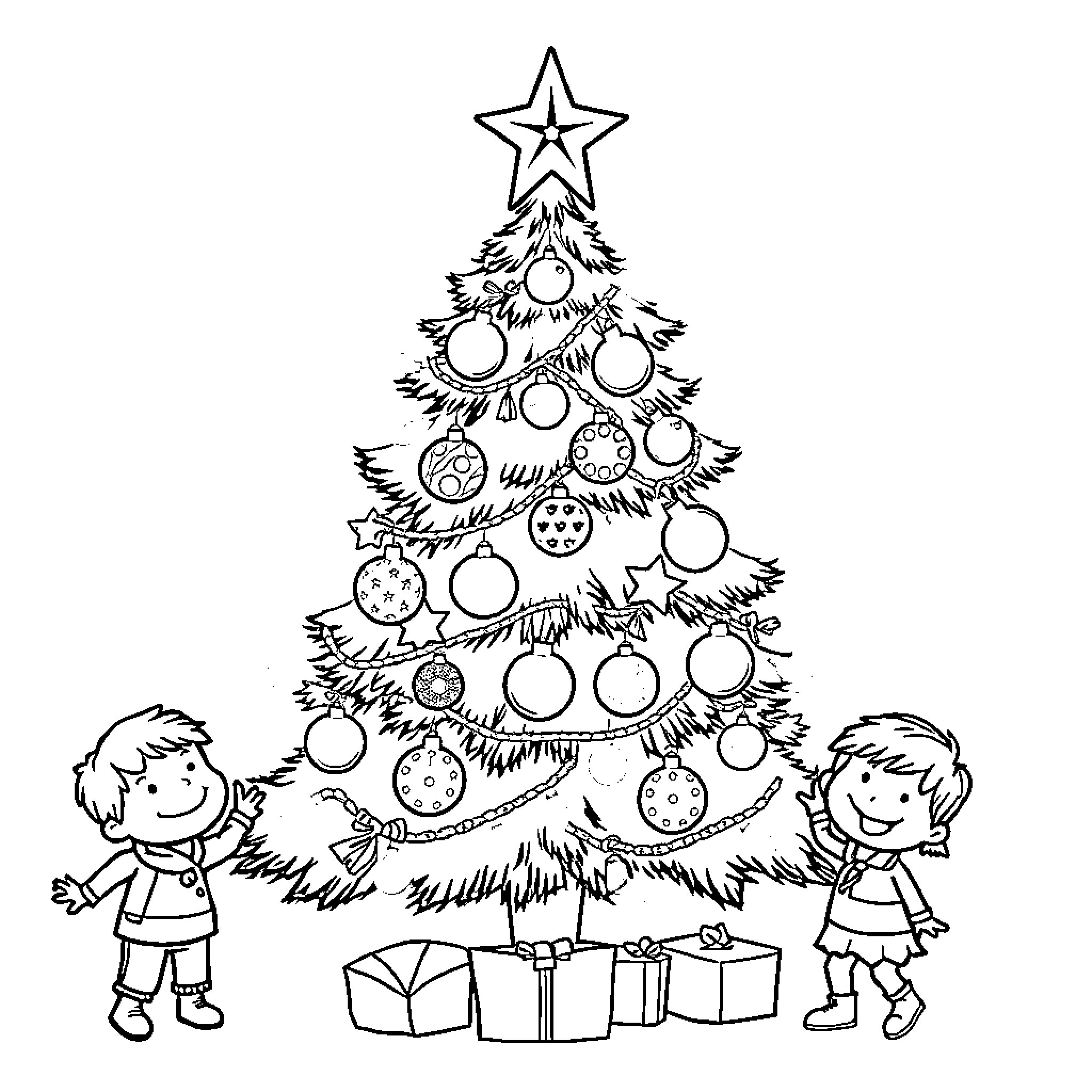 Christmas Tree with Decorations and Children Coloring Page (free black-and-white line drawing printable PDF for all, from beginners to advanced learners, including children, teens, adults, and seniors)