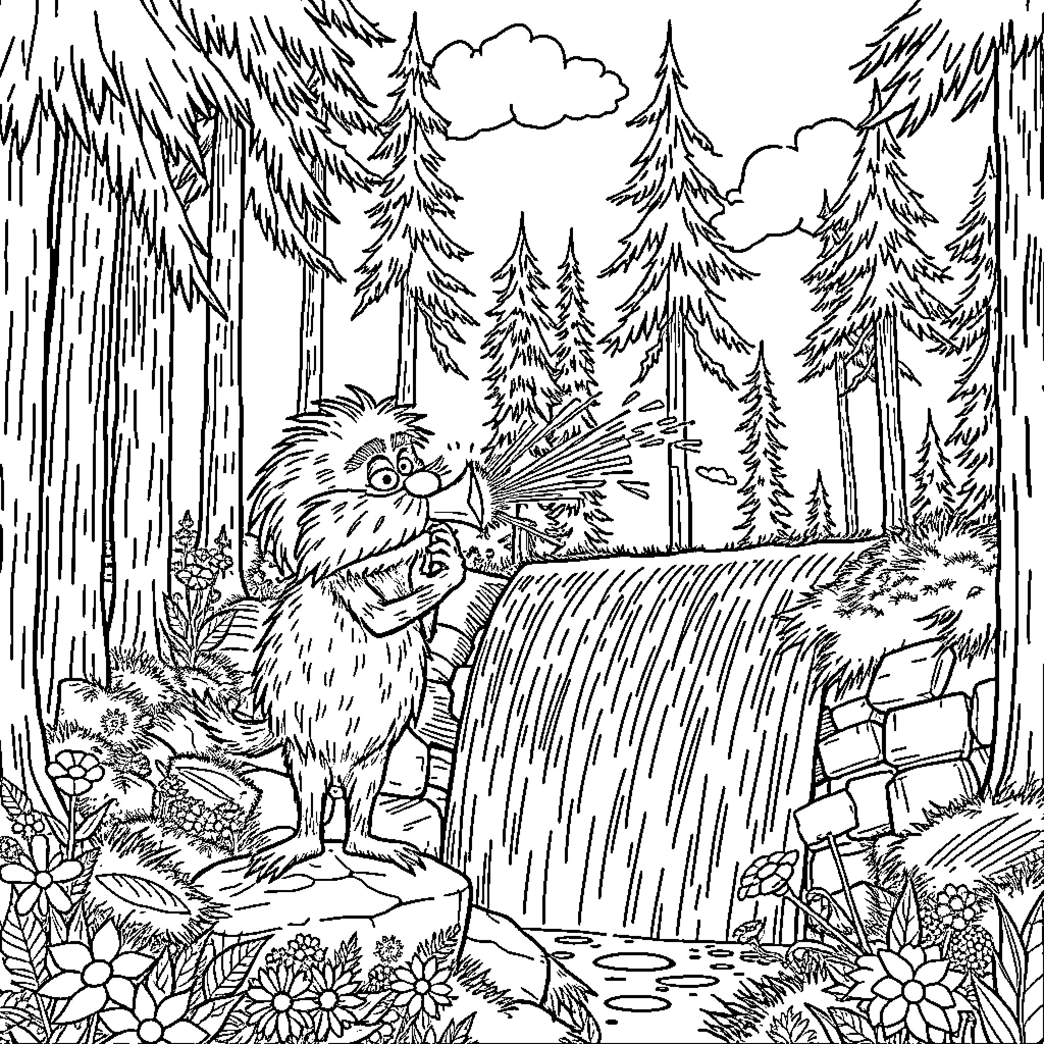Lorax in a Lush Forest Landscape Coloring Page (free black-and-white line drawing printable PDF for all, from beginners to advanced learners, including children, teens, adults, and seniors)