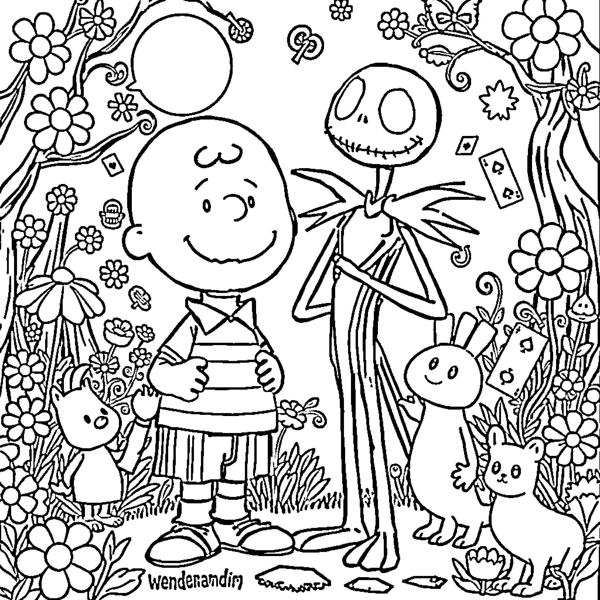 Charlie Brown's Whimsical Adventure in a Floral Wonderland Coloring Page (free black-and-white line drawing printable PDF for all, from beginners to advanced learners, including children, teens, adults, and seniors)