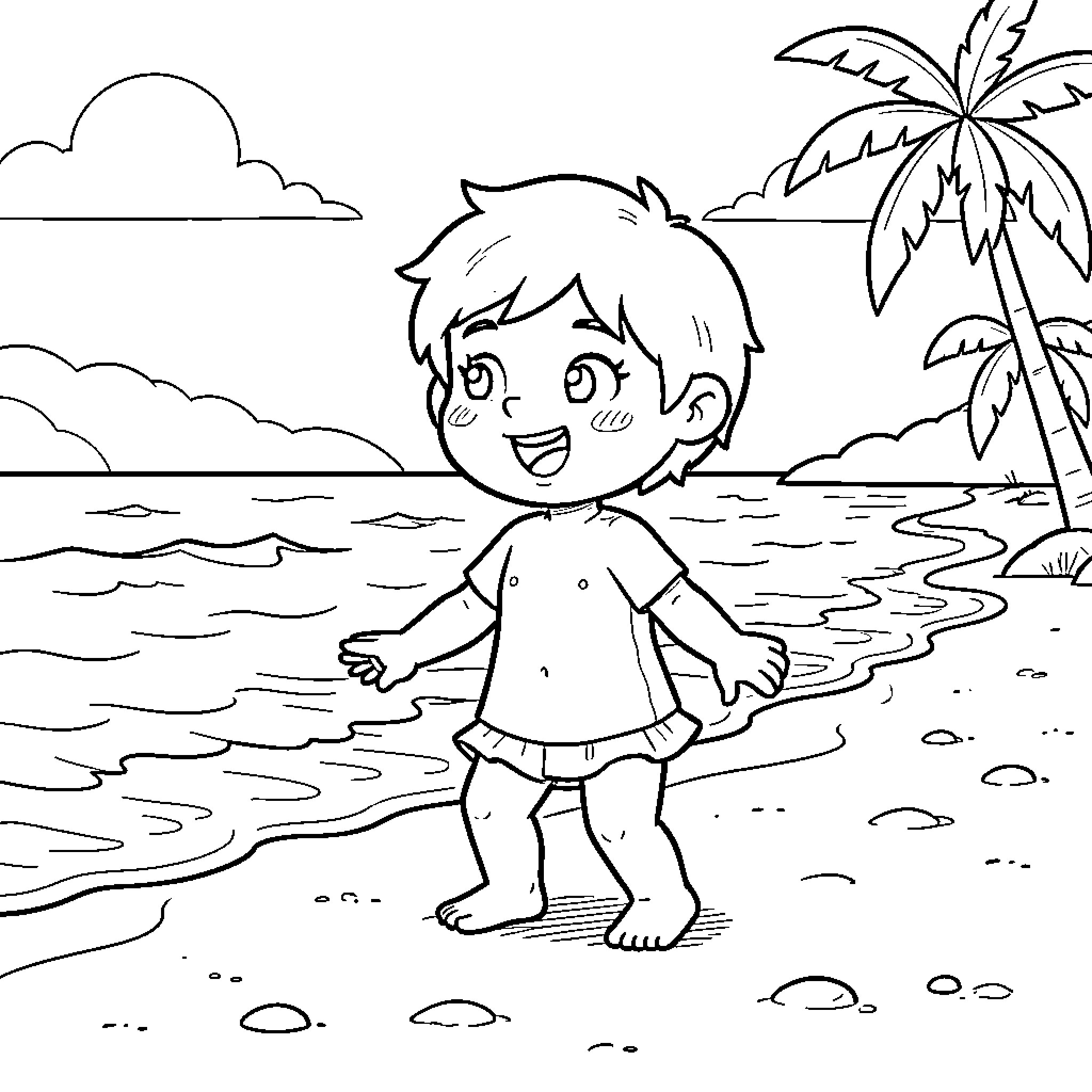 Bibu happy child walking along the tropical beach Coloring Page (free black-and-white line drawing printable PDF for all, from beginners to advanced learners, including children, teens, adults, and seniors)