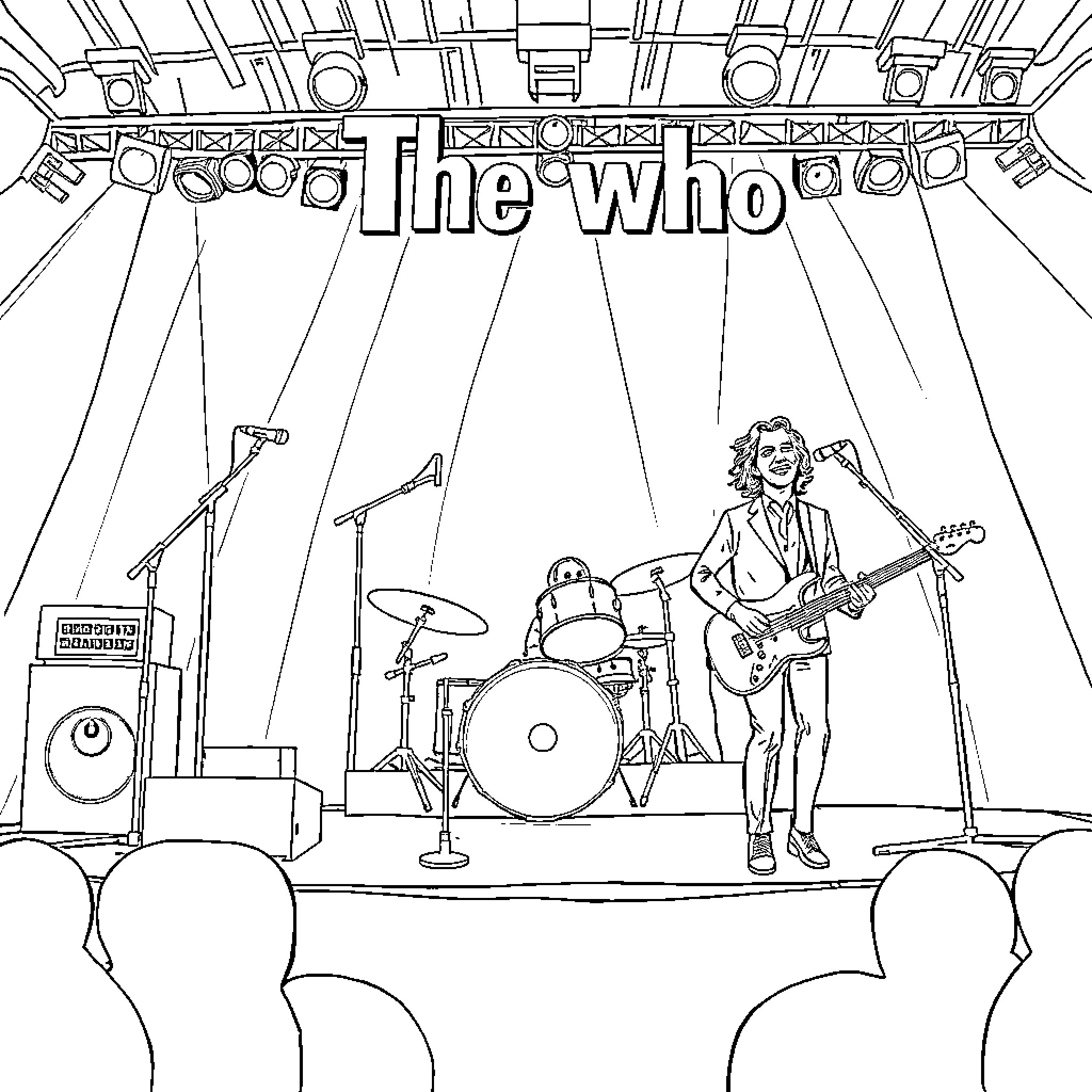 The Who Performing on Stage Coloring Page (free black-and-white line drawing printable PDF for all, from beginners to advanced learners, including children, teens, adults, and seniors)