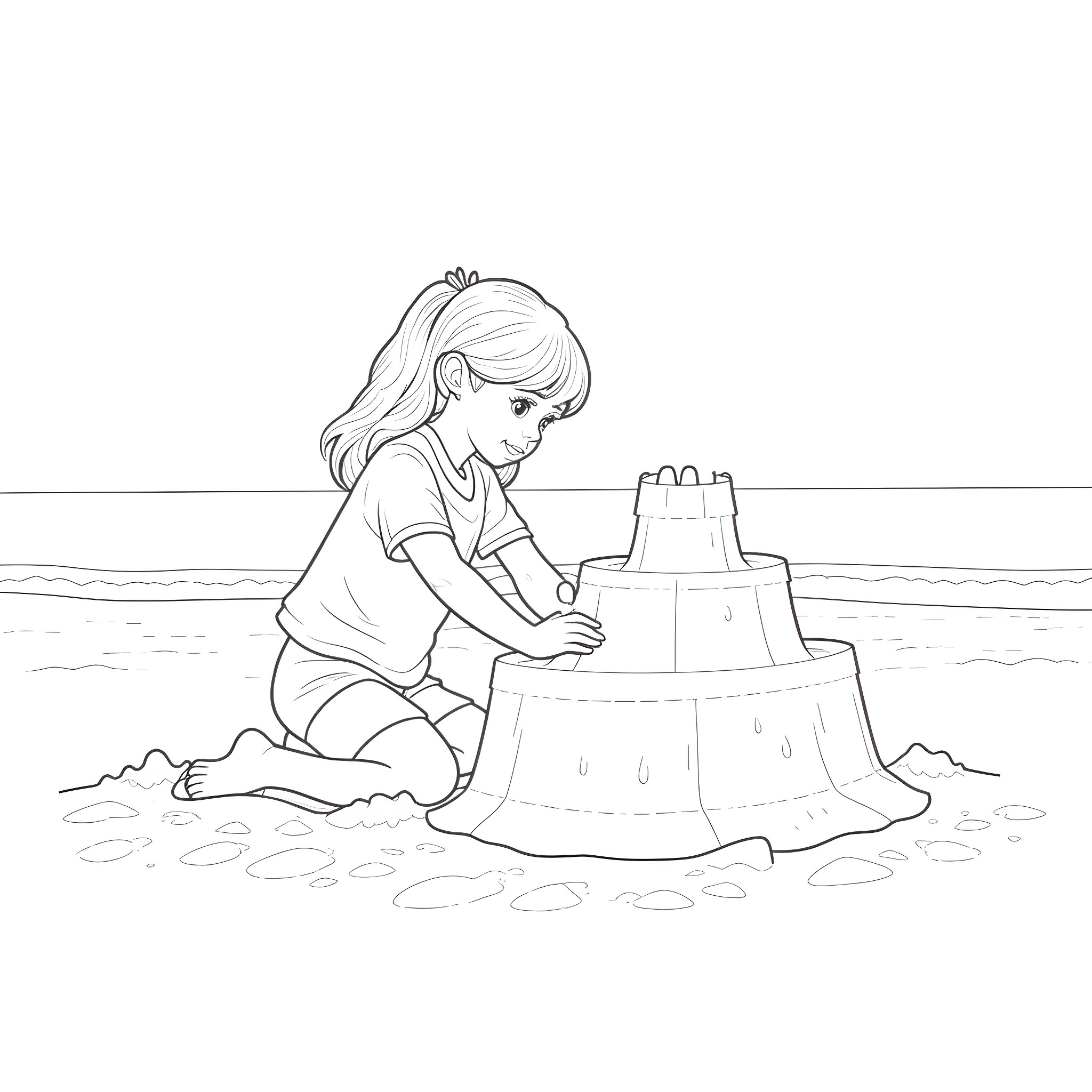 Girl building a sandcastle on the beach Coloring Page (free black-and-white line drawing printable PDF for all, from beginners to advanced learners, including children, teens, adults, and seniors)