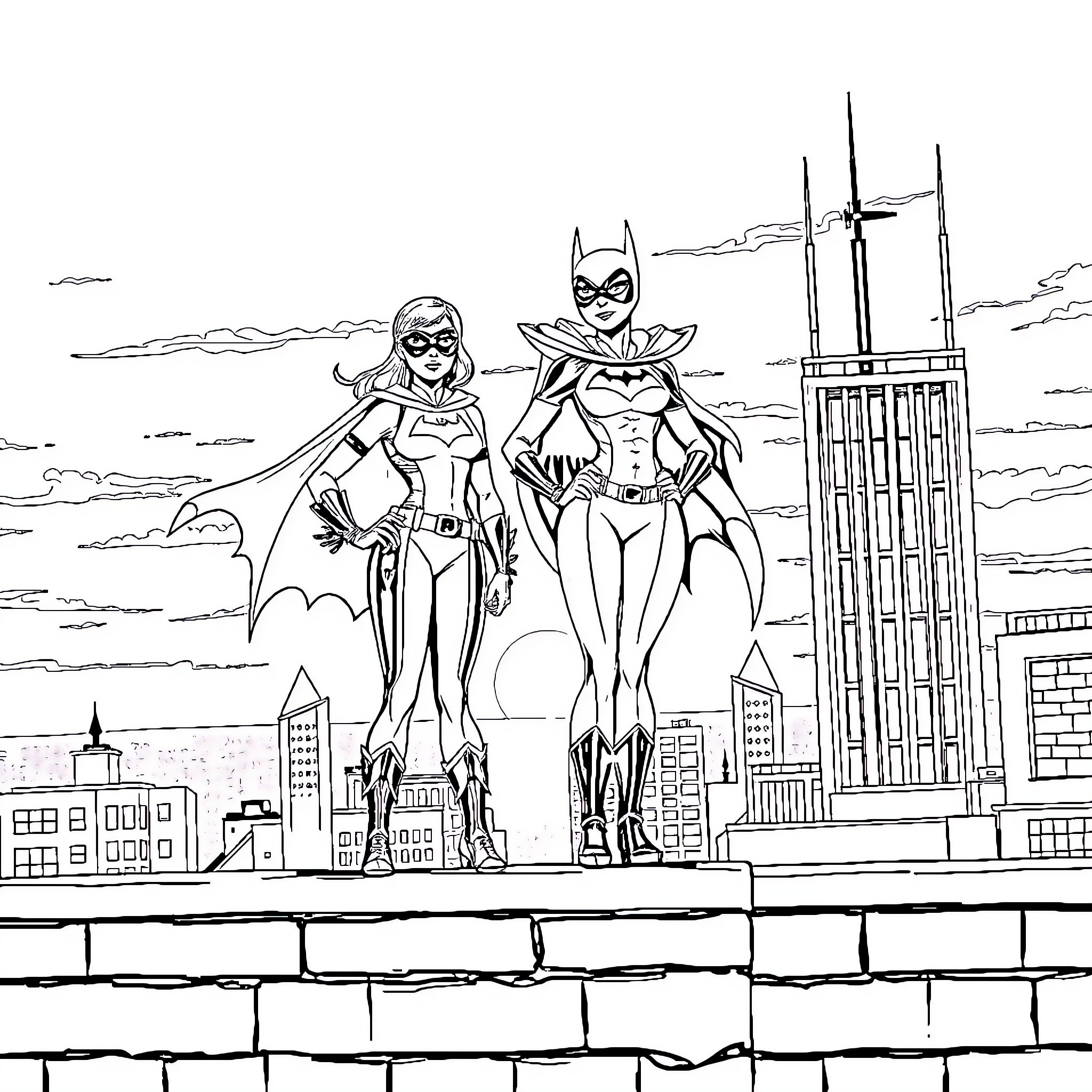 Red Robin and Batgirl Heroic Duo in the City Coloring Page (free black-and-white line drawing printable PDF for all, from beginners to advanced learners, including children, teens, adults, and seniors)