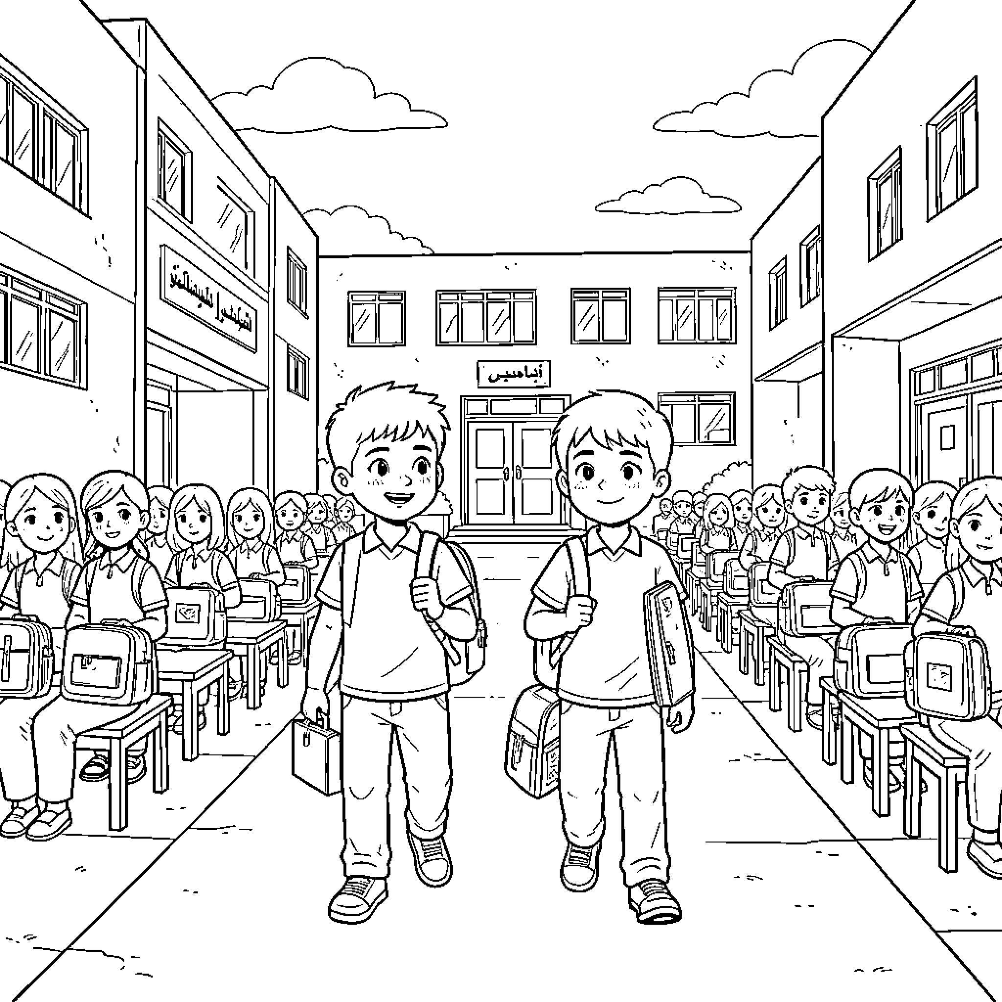 التعليم وطلاب يسيرون في ساحة المدرسة Coloring Page (free black-and-white line drawing printable PDF for all, from beginners to advanced learners, including children, teens, adults, and seniors)