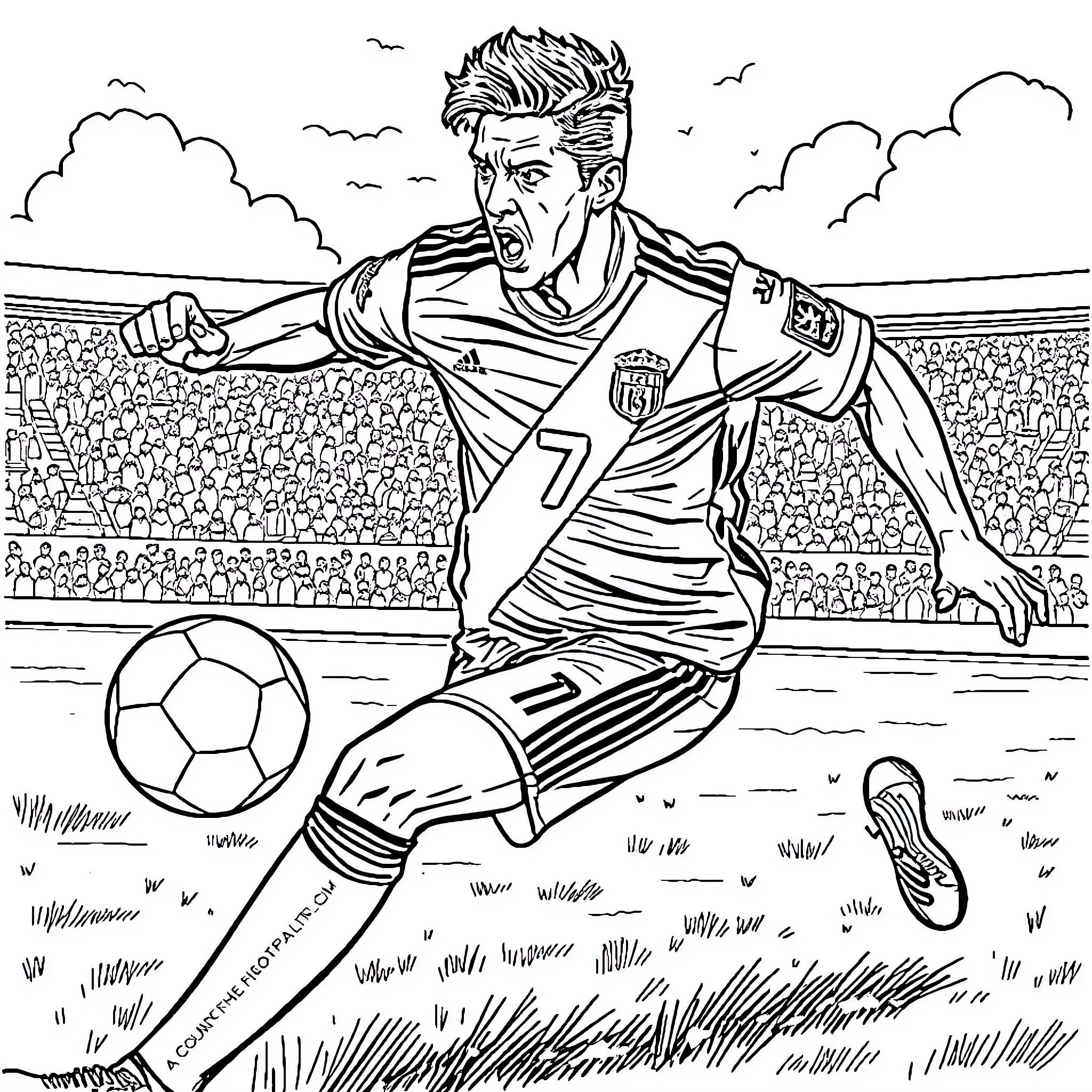 Cr7 soccer player kicking the ball in stadium Coloring Page (free black-and-white line drawing printable PDF for all, from beginners to advanced learners, including children, teens, adults, and seniors)