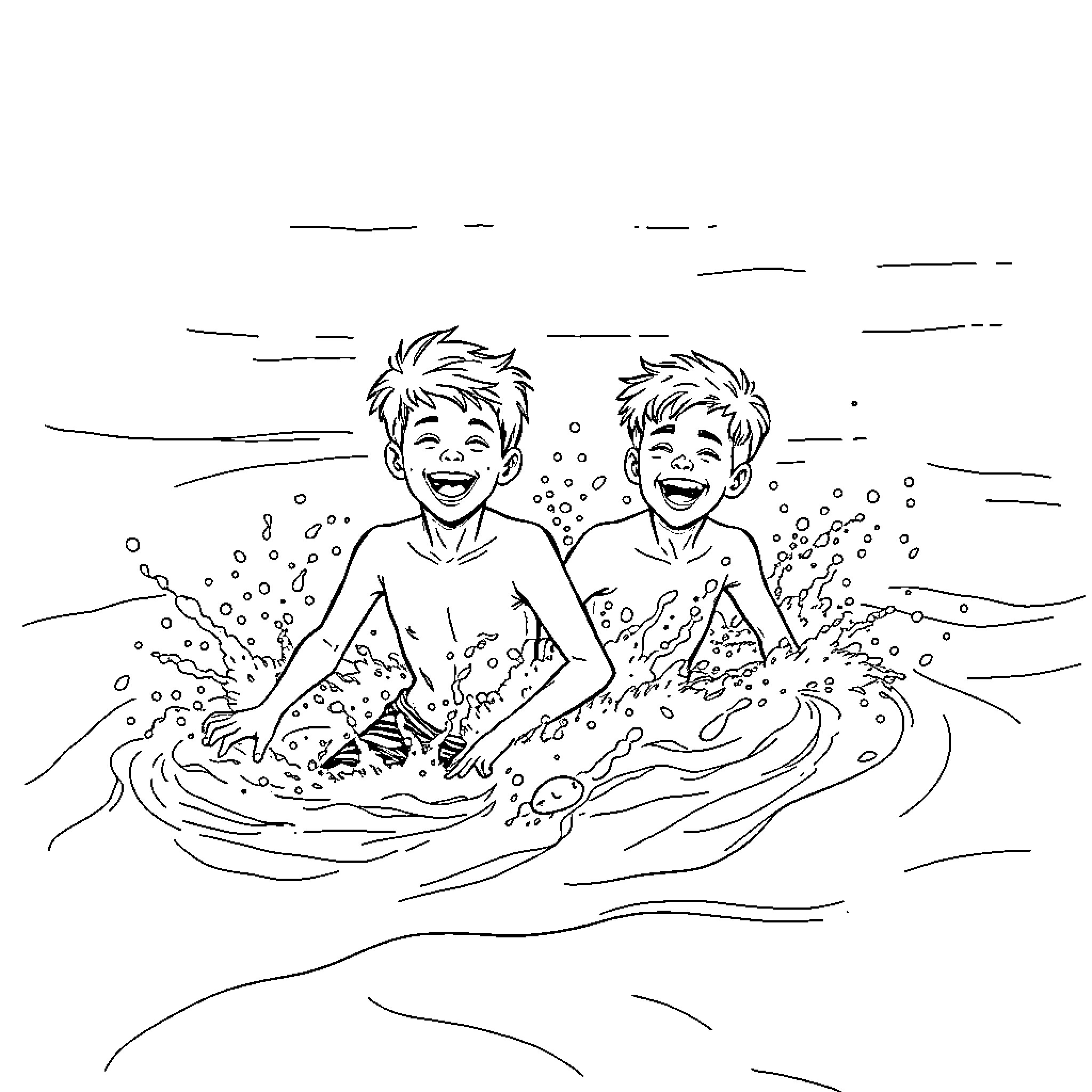 Boys splashing and playing in the water Coloring Page (free black-and-white line drawing printable PDF for all, from beginners to advanced learners, including children, teens, adults, and seniors)