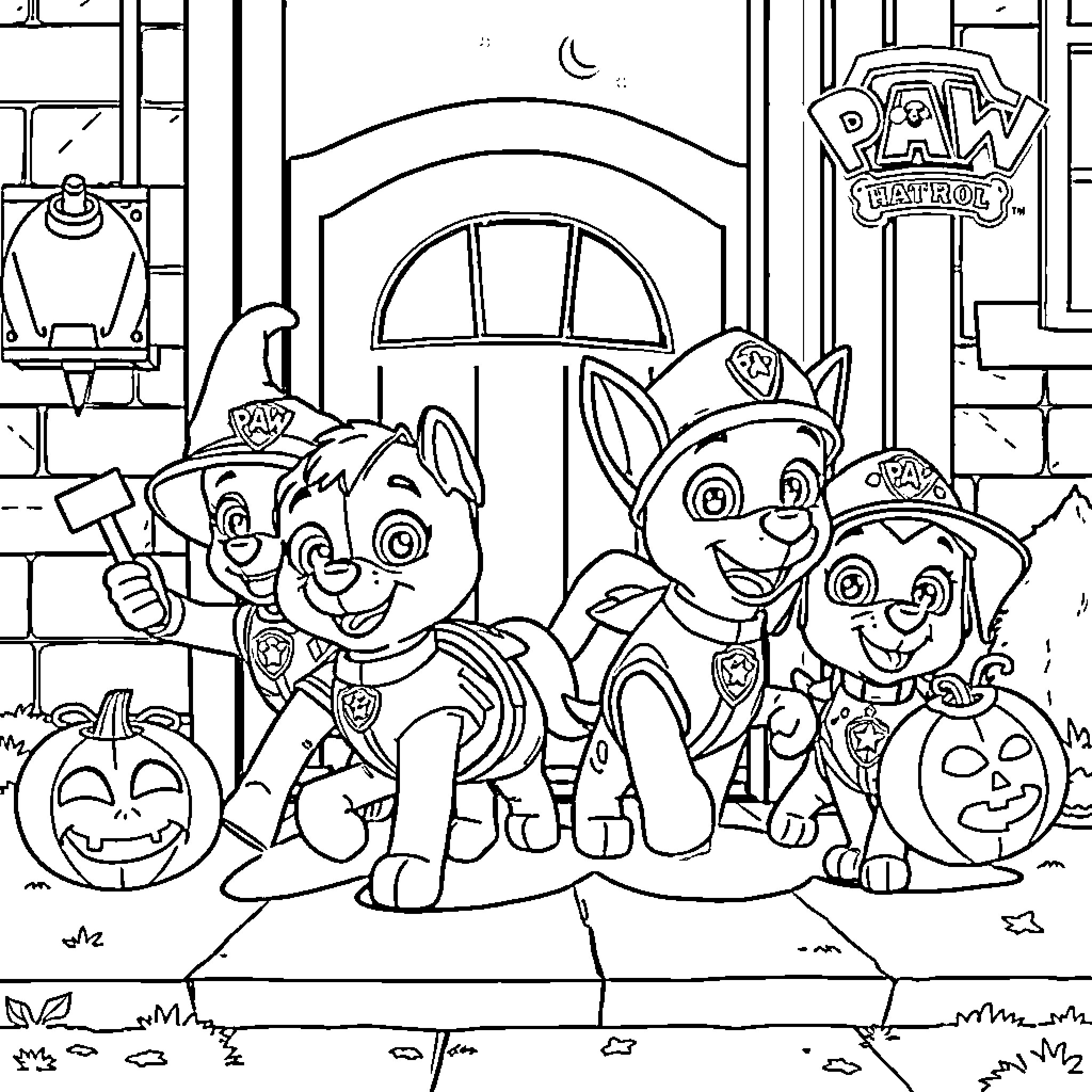 Paw Patrol Halloween Costume Fun Coloring Page (free black-and-white line drawing printable PDF for all, from beginners to advanced learners, including children, teens, adults, and seniors)