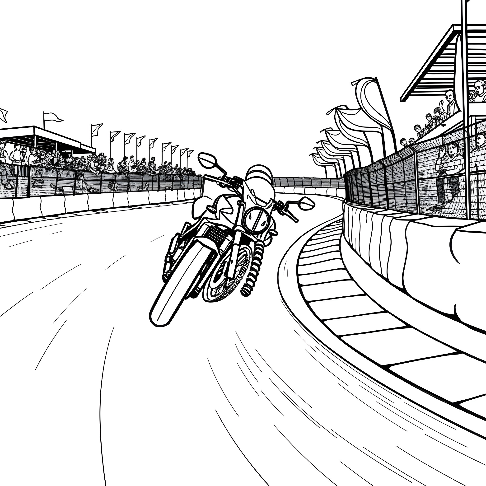 Motorbike racing on curvy track with spectators Coloring Page (free black-and-white line drawing printable PDF for all, from beginners to advanced learners, including children, teens, adults, and seniors)