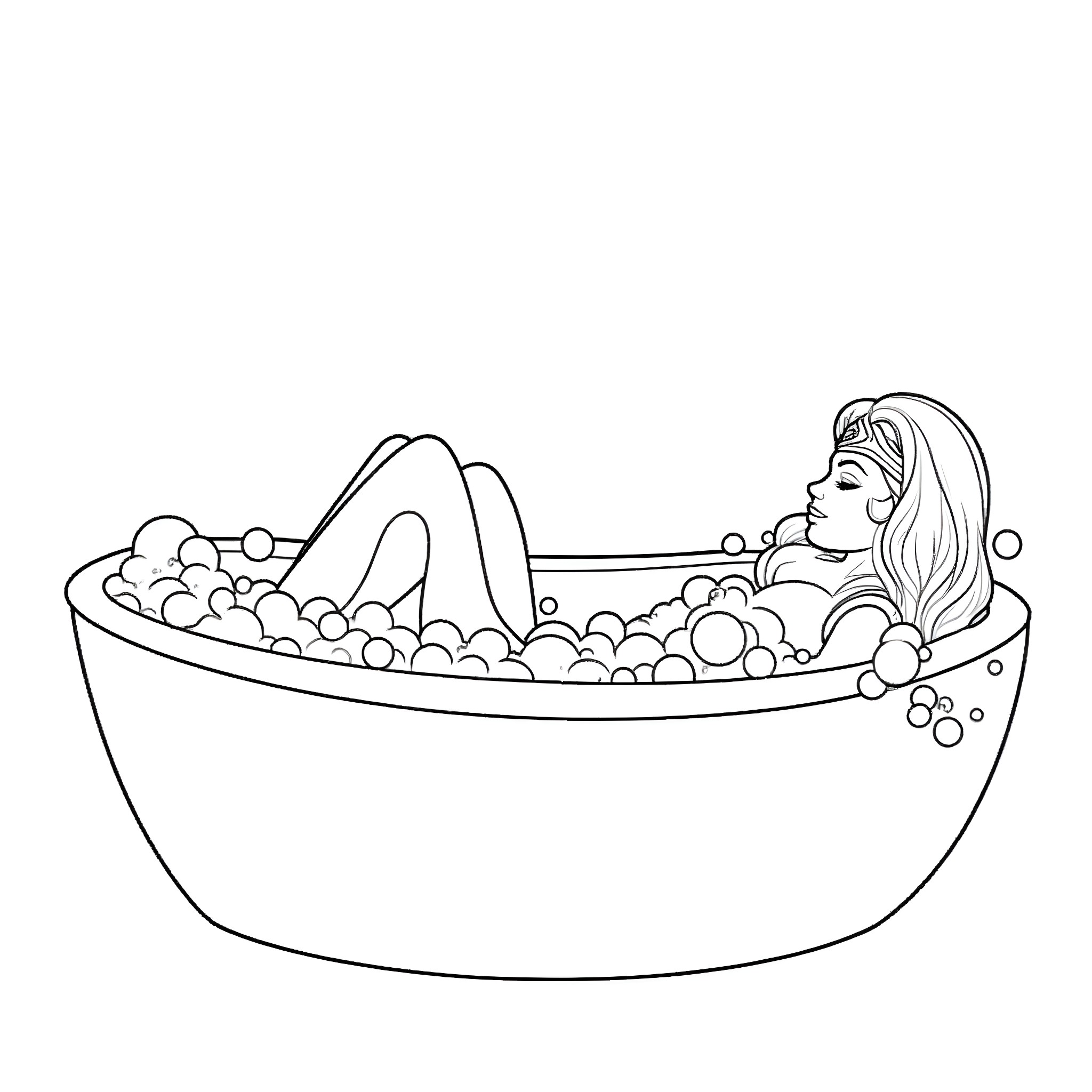 Wonder Woman relaxing in a bubble bath Coloring Page (free black-and-white line drawing printable PDF for all, from beginners to advanced learners, including children, teens, adults, and seniors)