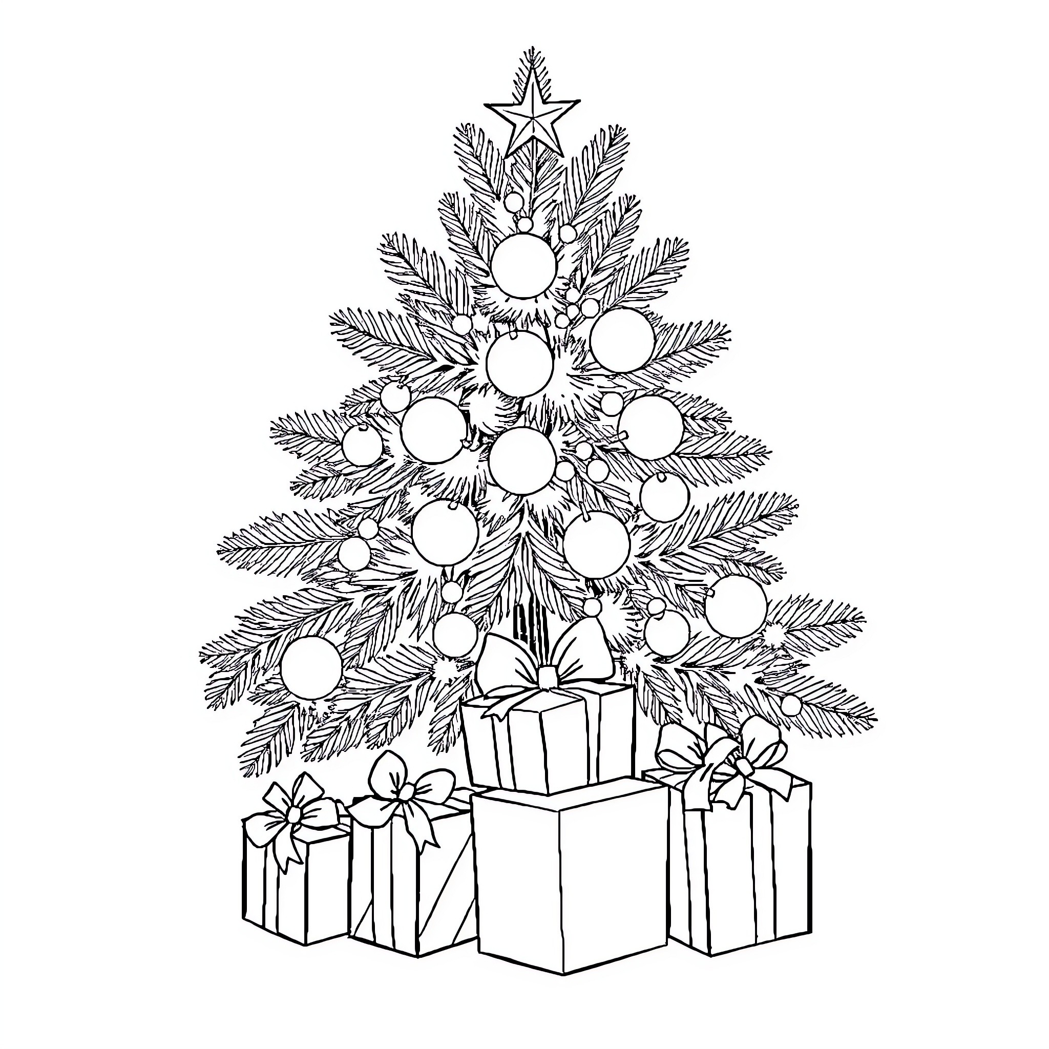 Christmas tree decorated with baubles and presents Coloring Page (free black-and-white line drawing printable PDF for all, from beginners to advanced learners, including children, teens, adults, and seniors)
