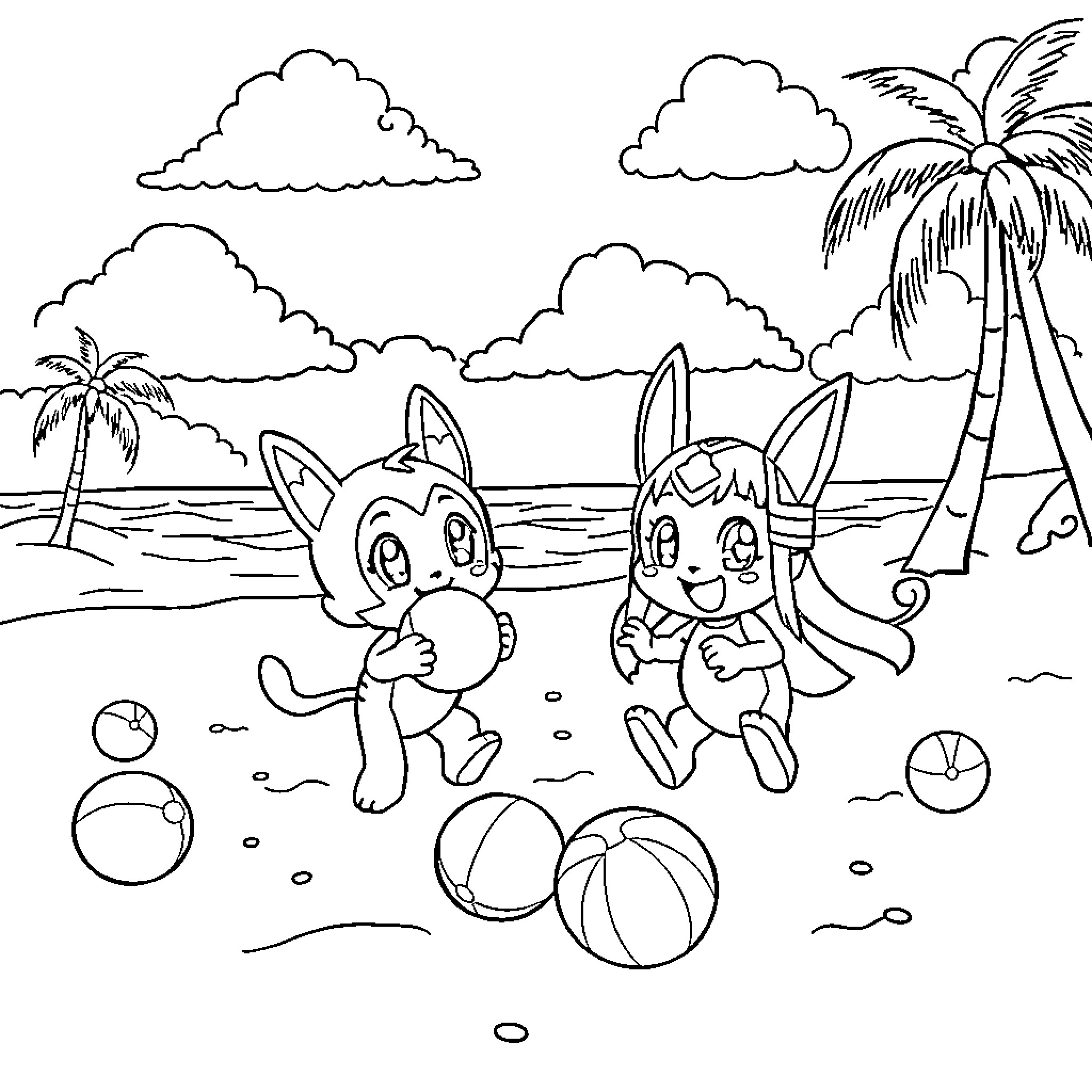 Kuromi and friends playing at the beach Coloring Page (free black-and-white line drawing printable PDF for all, from beginners to advanced learners, including children, teens, adults, and seniors)