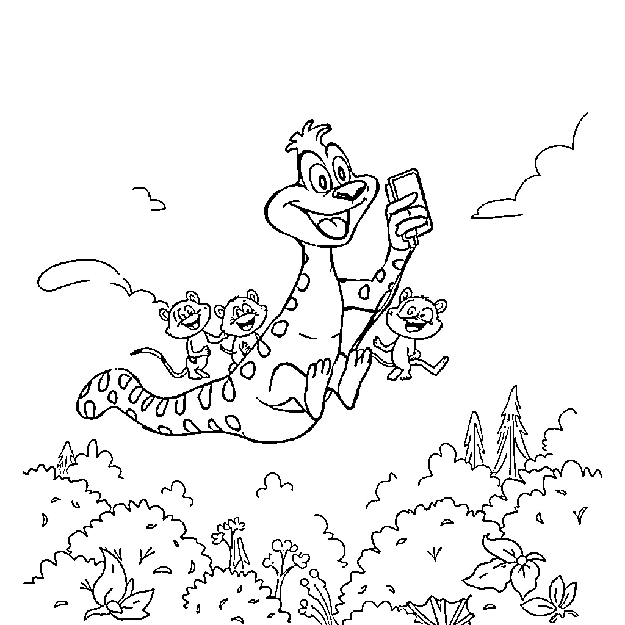 Marsupilami and friends exploring the wilderness Coloring Page (free black-and-white line drawing printable PDF for all, from beginners to advanced learners, including children, teens, adults, and seniors)