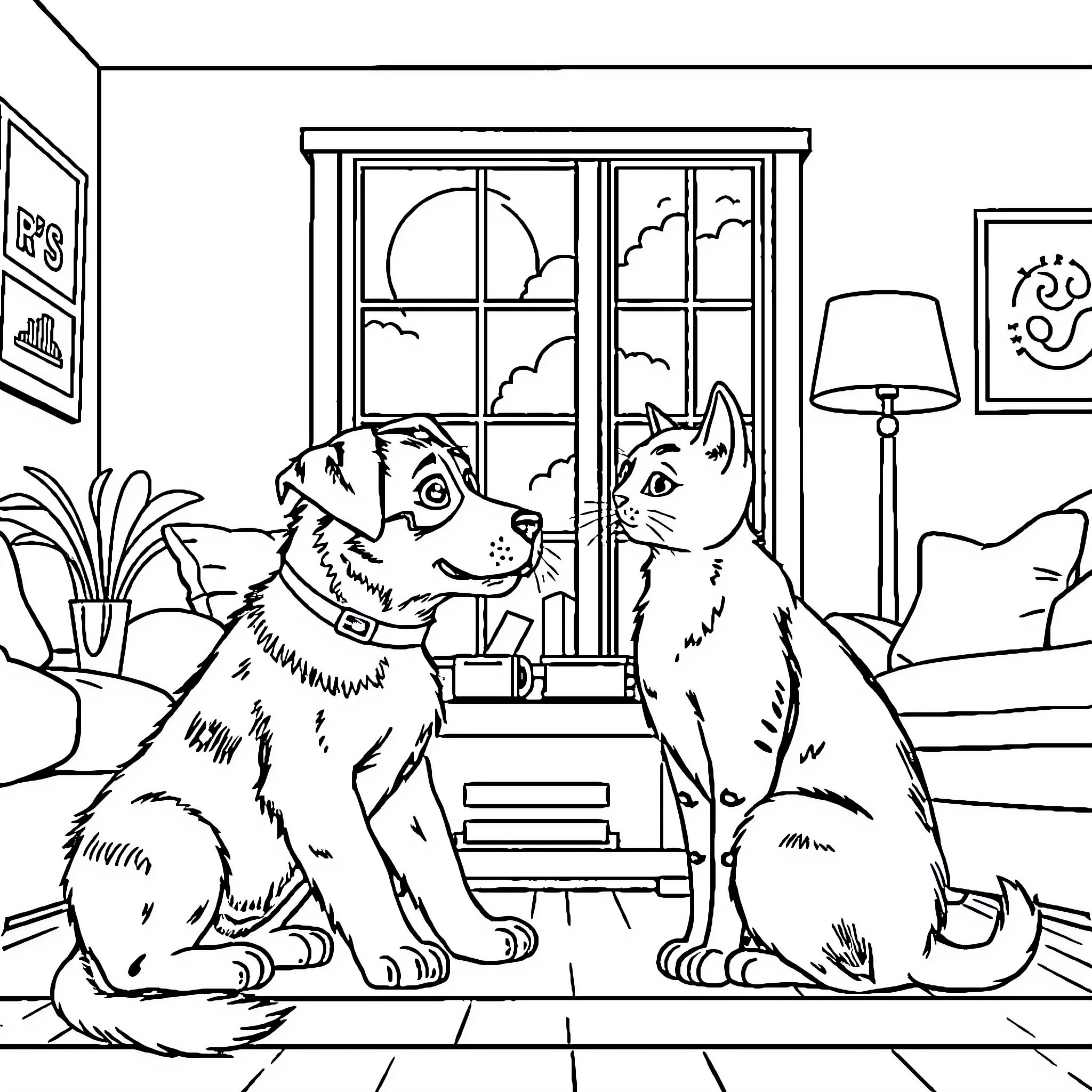 Dog vs Cat facing each other in a cozy room Coloring Page (free black-and-white line drawing printable PDF for all, from beginners to advanced learners, including children, teens, adults, and seniors)