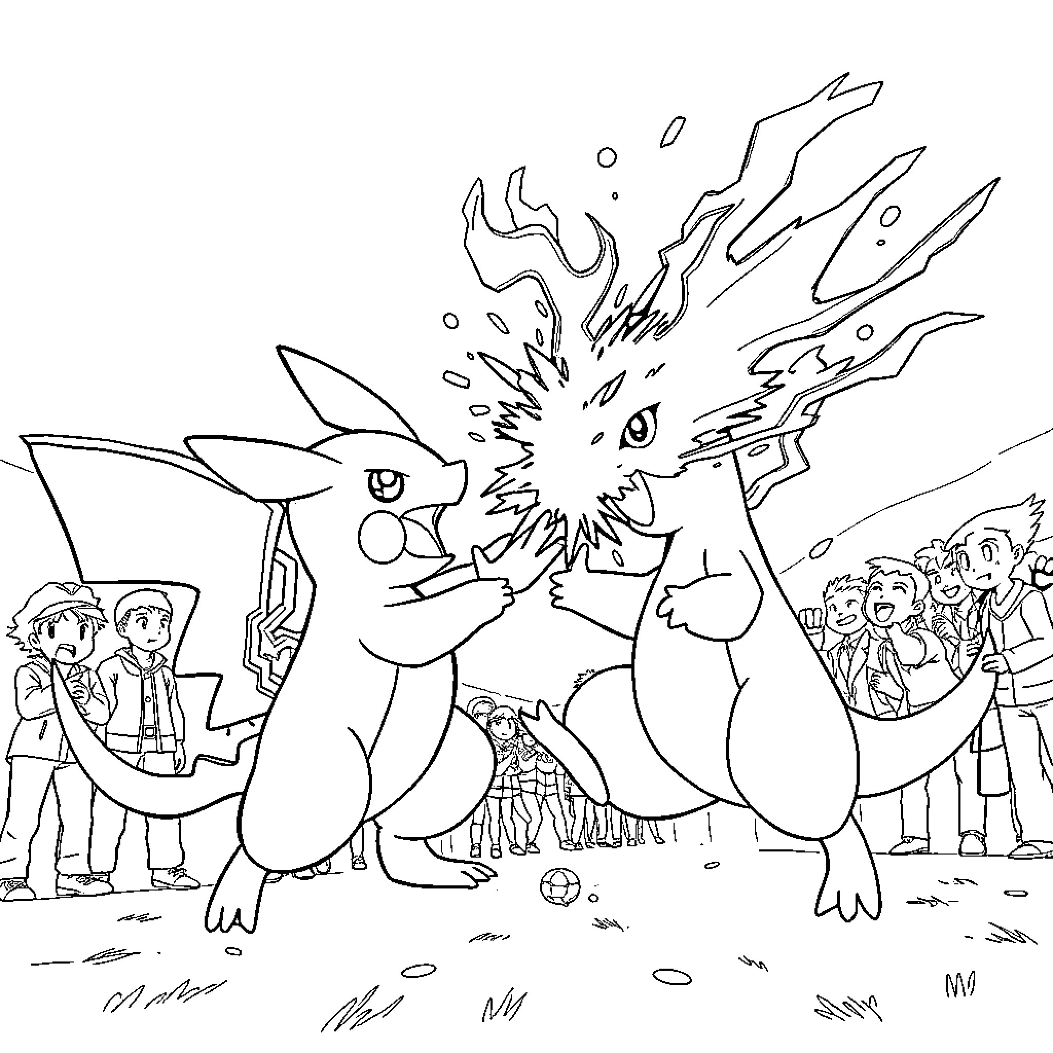 Pokémon characters in an epic battle scene Coloring Page (free black-and-white line drawing printable PDF for all, from beginners to advanced learners, including children, teens, adults, and seniors)