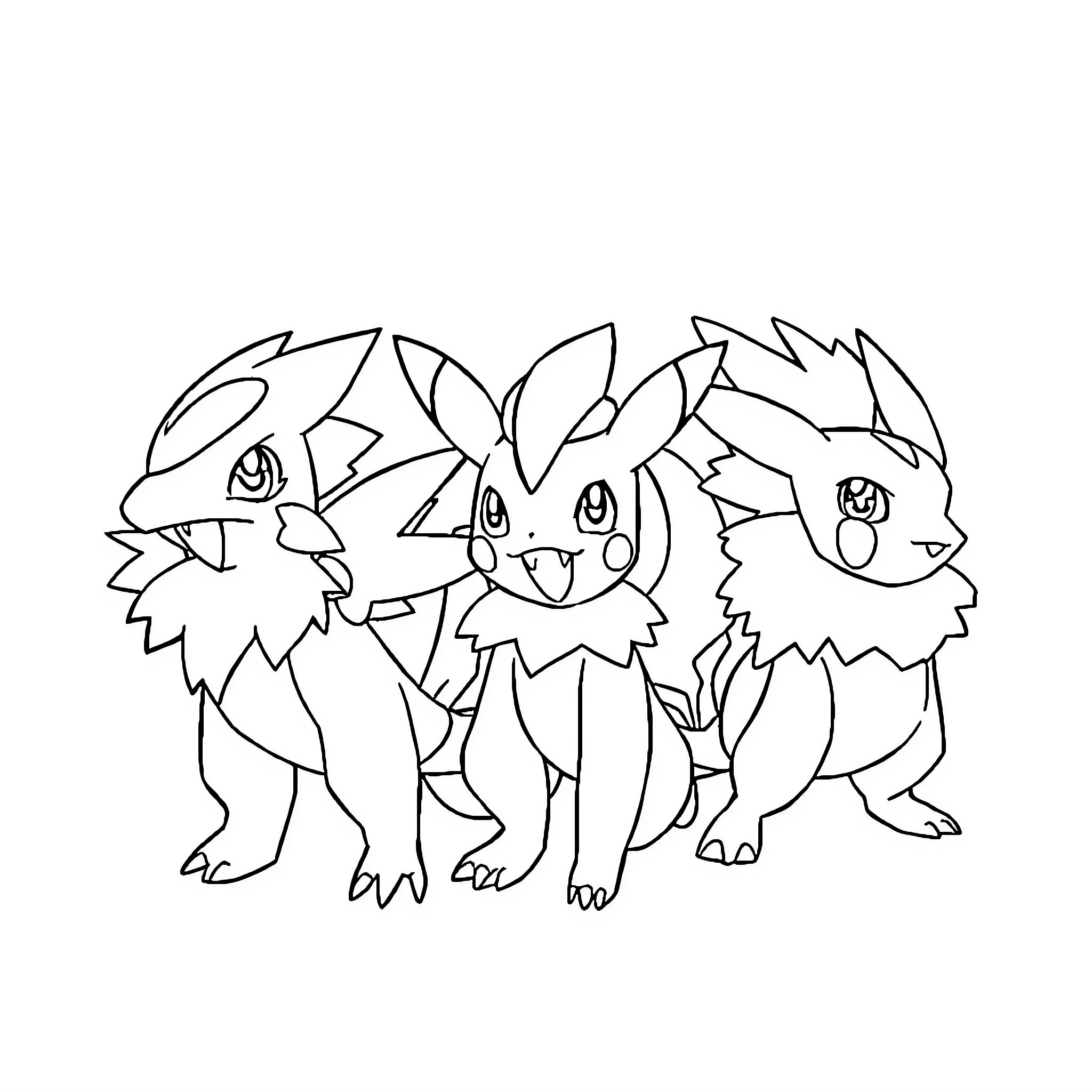 Pokémon trio posing together Coloring Page (free black-and-white line drawing printable PDF for all, from beginners to advanced learners, including children, teens, adults, and seniors)